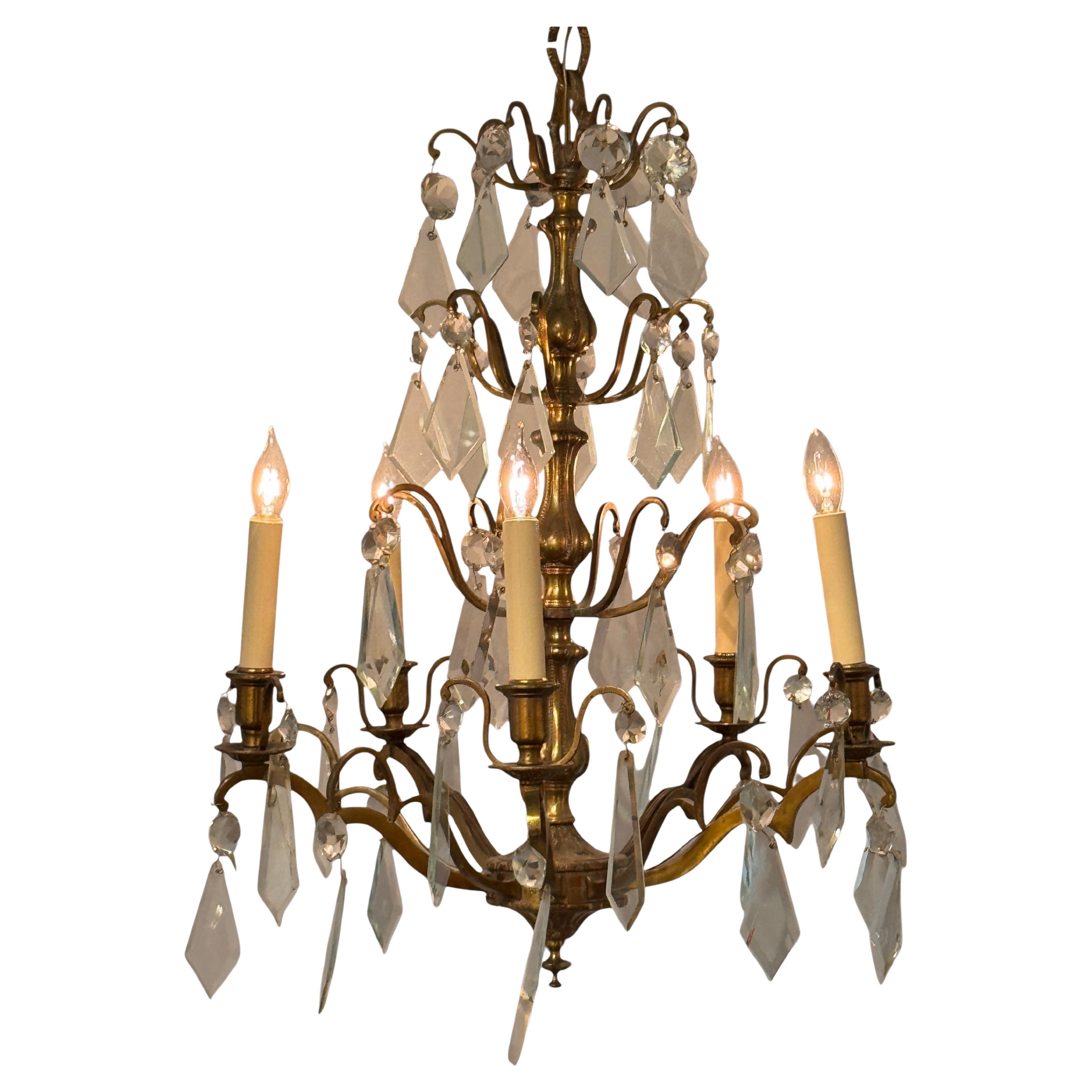Gilded Bronze Chandelier With Diamond-Cut Crystal Drops For Sale