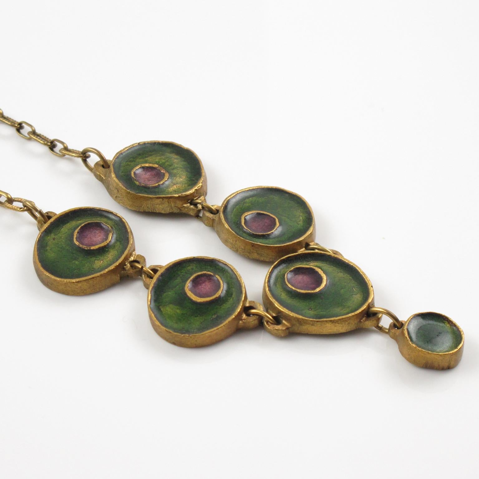 Women's or Men's Gilded Bronze Choker Necklace with Green and Purple Enamel For Sale