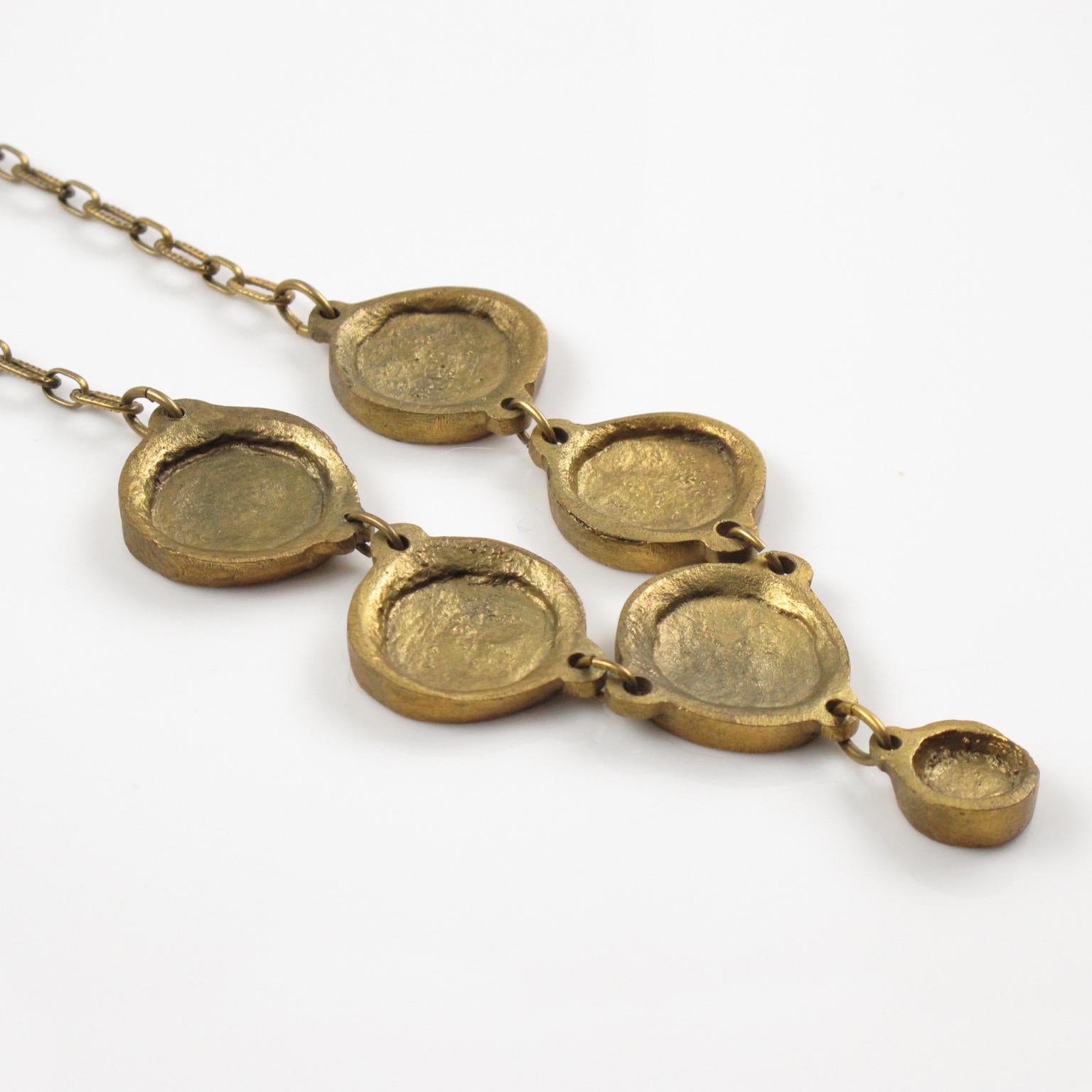 Collana girocollo in bronzo dorato con smalto verde e viola in vendita 1