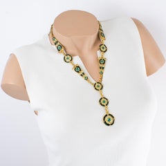 Gilded Bronze Choker Necklace with Mid-Century Turquoise, White, Blue Enamel