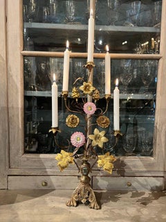 Gilded Bronze Church Candelabra, Opaline and Brass Ornamentation