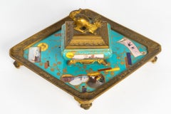 Gilded Bronze, Enameled Earthenware Inkstand, Japanese Style, Napoleon III Era.