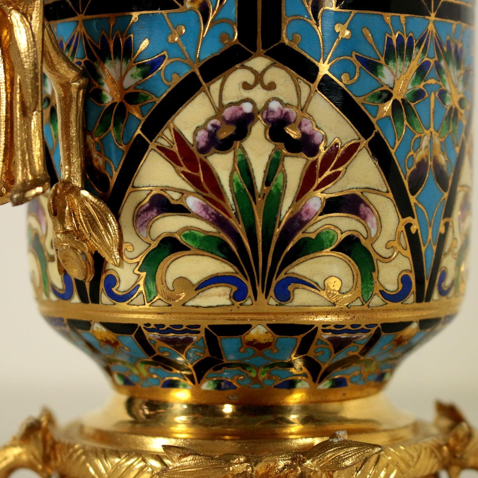 French Gilded Bronze Flower Pot Enamel Decoration, France, Late 19th Century