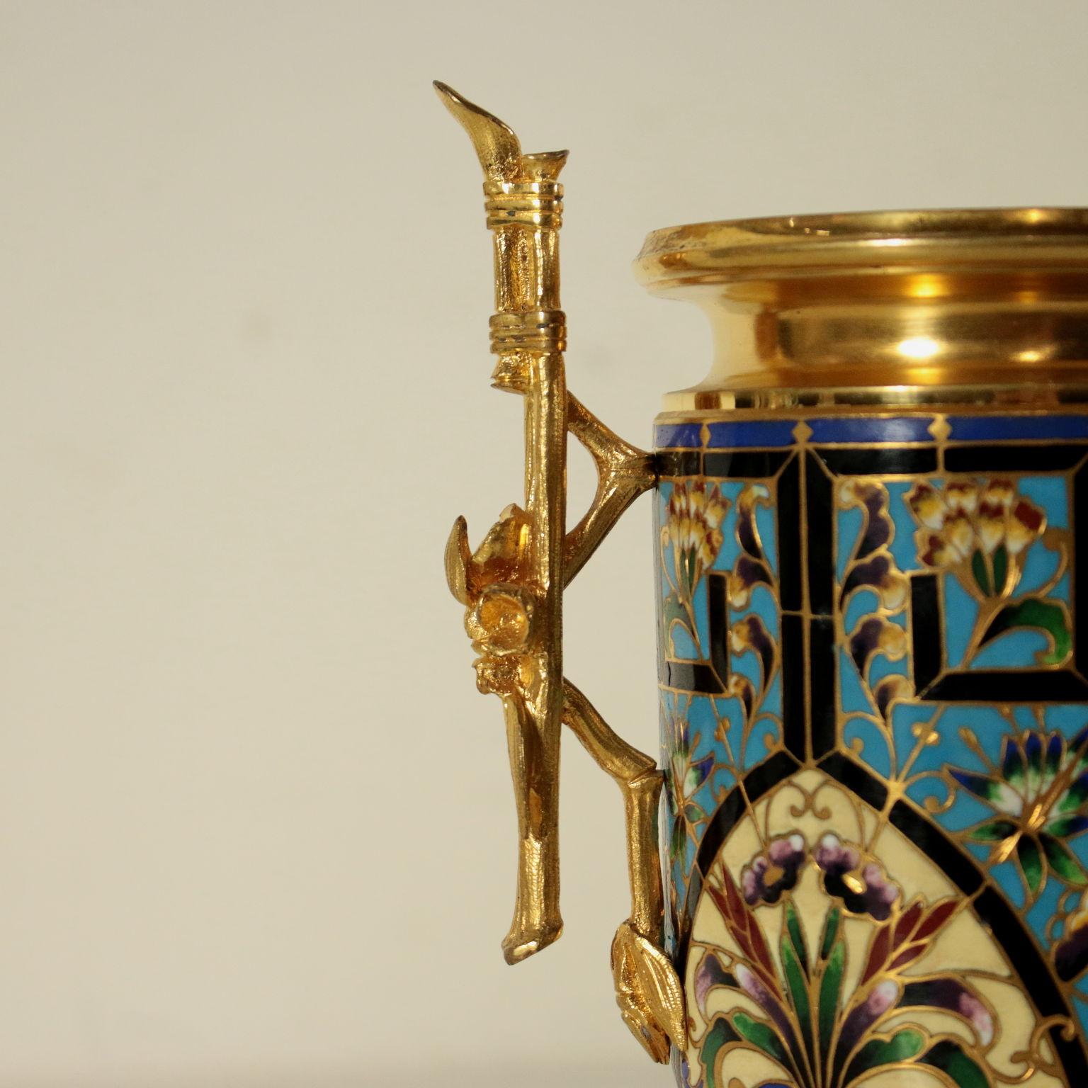 Gilded Bronze Flower Pot Enamel Decoration, France, Late 19th Century In Excellent Condition In Milano, IT
