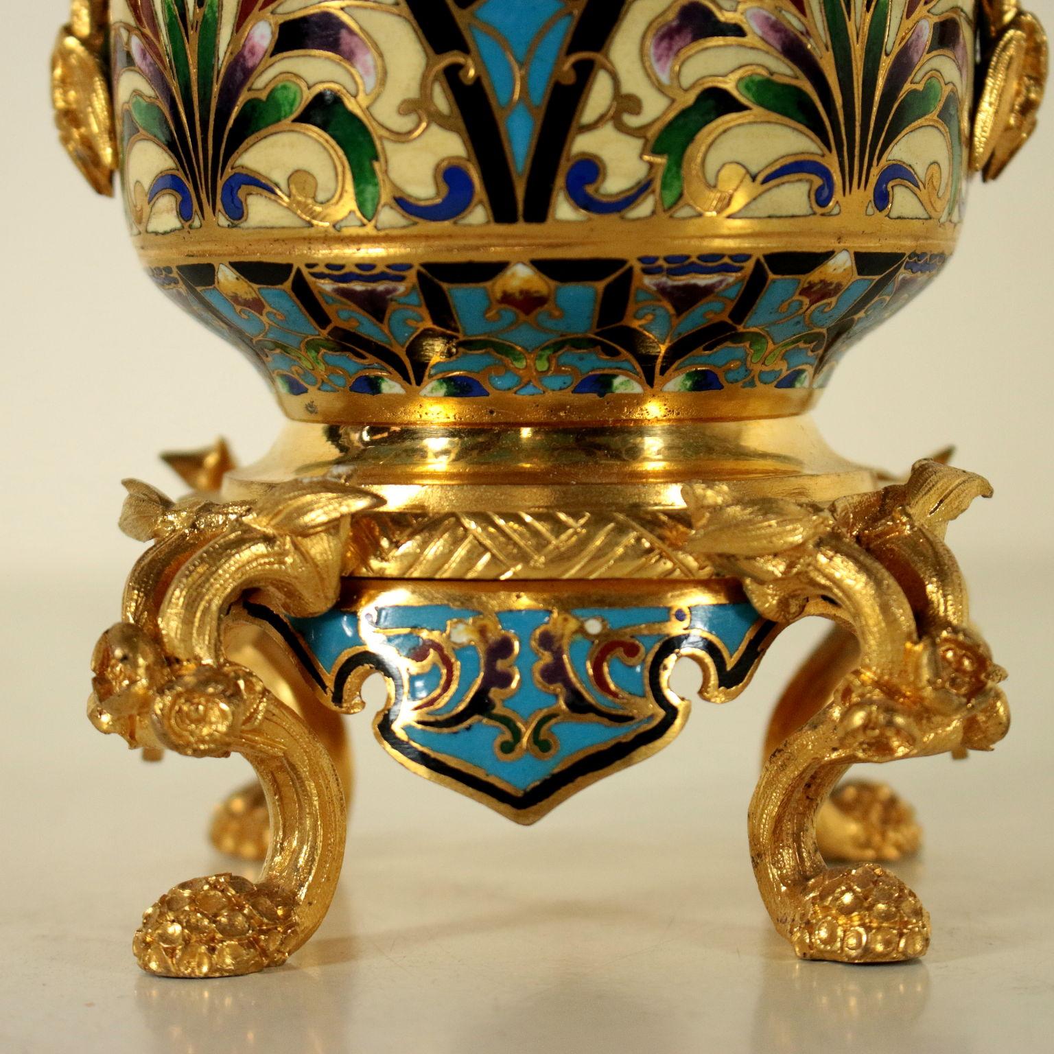 Gilded Bronze Flower Pot Enamel Decoration, France, Late 19th Century 2