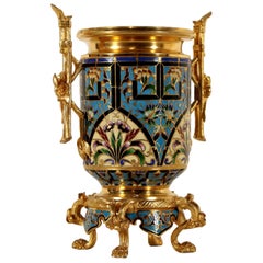 Gilded Bronze Flower Pot Enamel Decoration, France, Late 19th Century