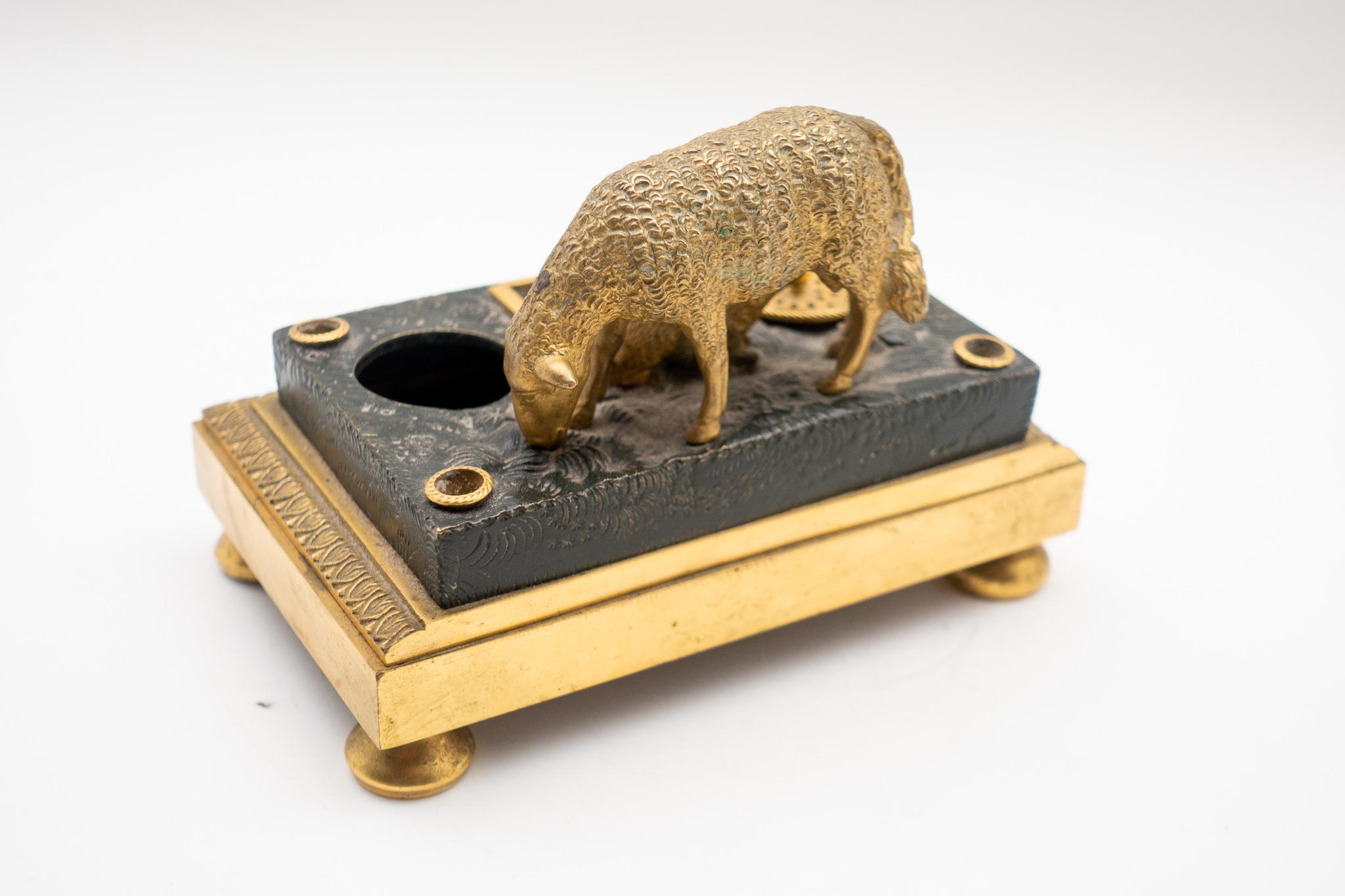 Napoleon III Gilded Bronze French Inkwell of and Sheep and Its Lamb, Early 19th Century