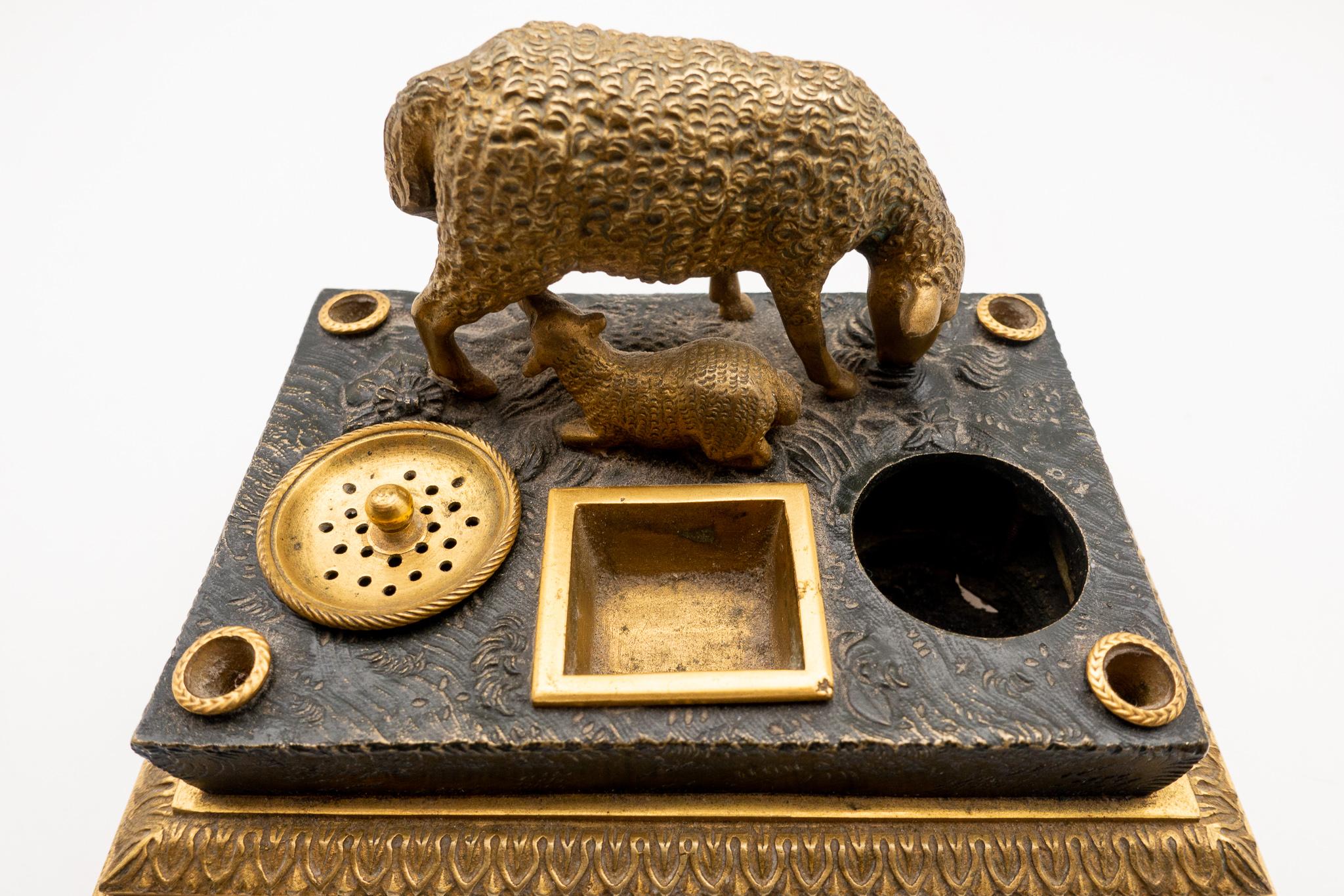 Gilded Bronze French Inkwell of and Sheep and Its Lamb, Early 19th Century 3