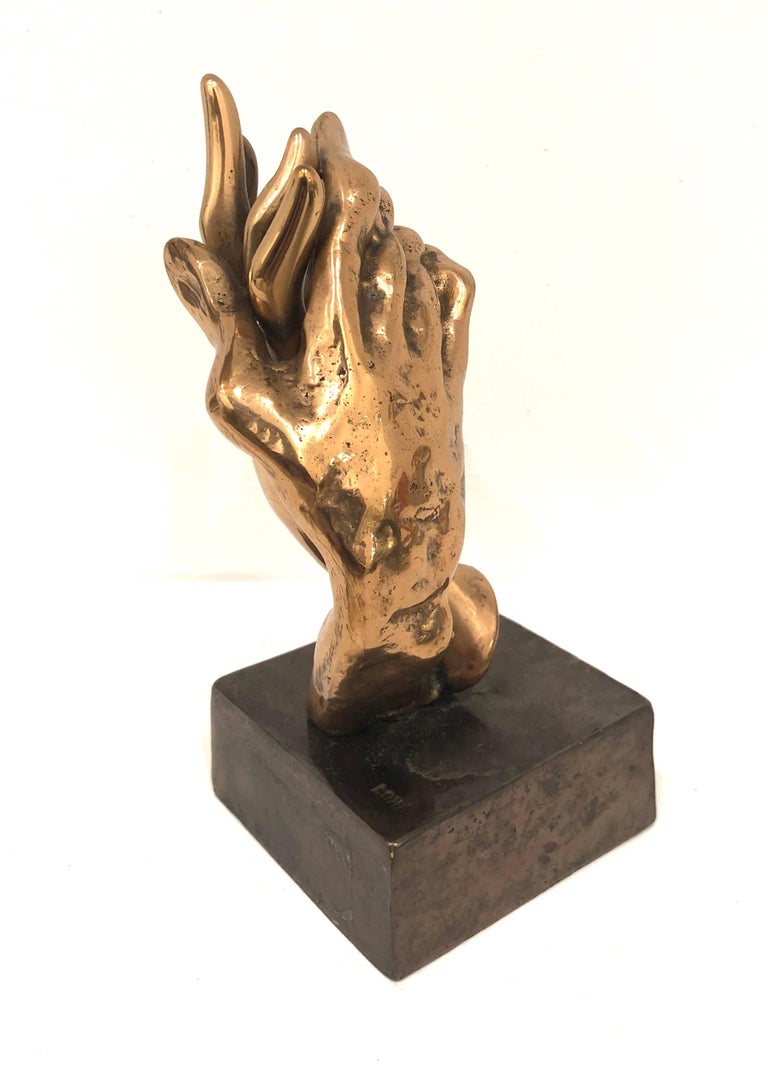 Gilded Bronze Hands Sculpture by French Artist Yves Lohe Signed at 1stDibs