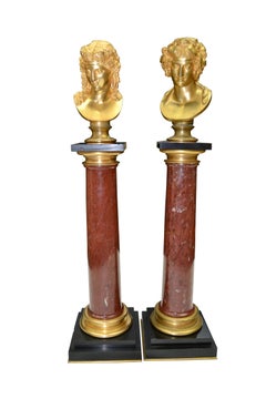 Gilded Bronze Heads of Bacchus and Ariadne on Marble Columns