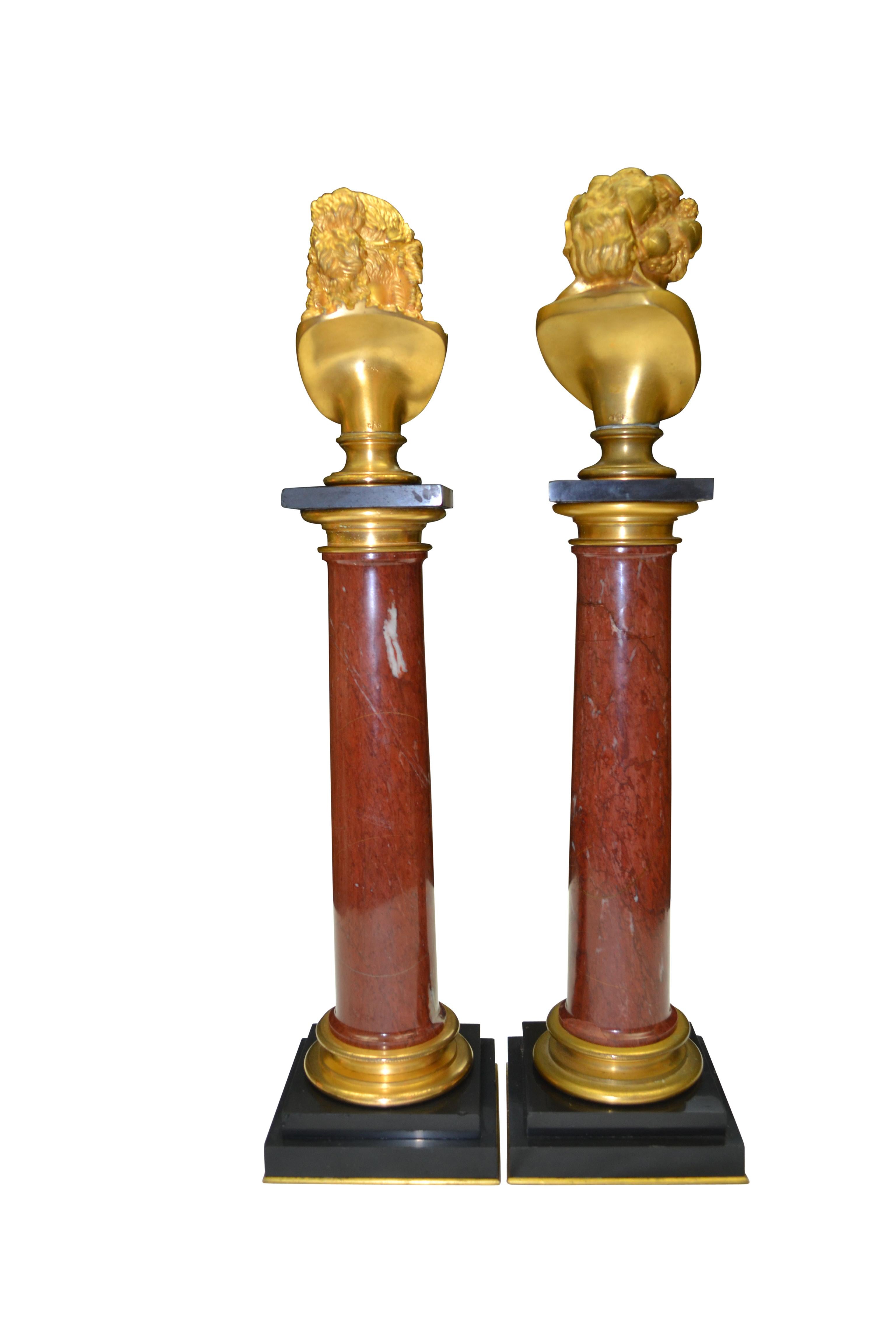 Empire Gilded Bronze Heads of Bacchus and Ariadne on Marble Columns