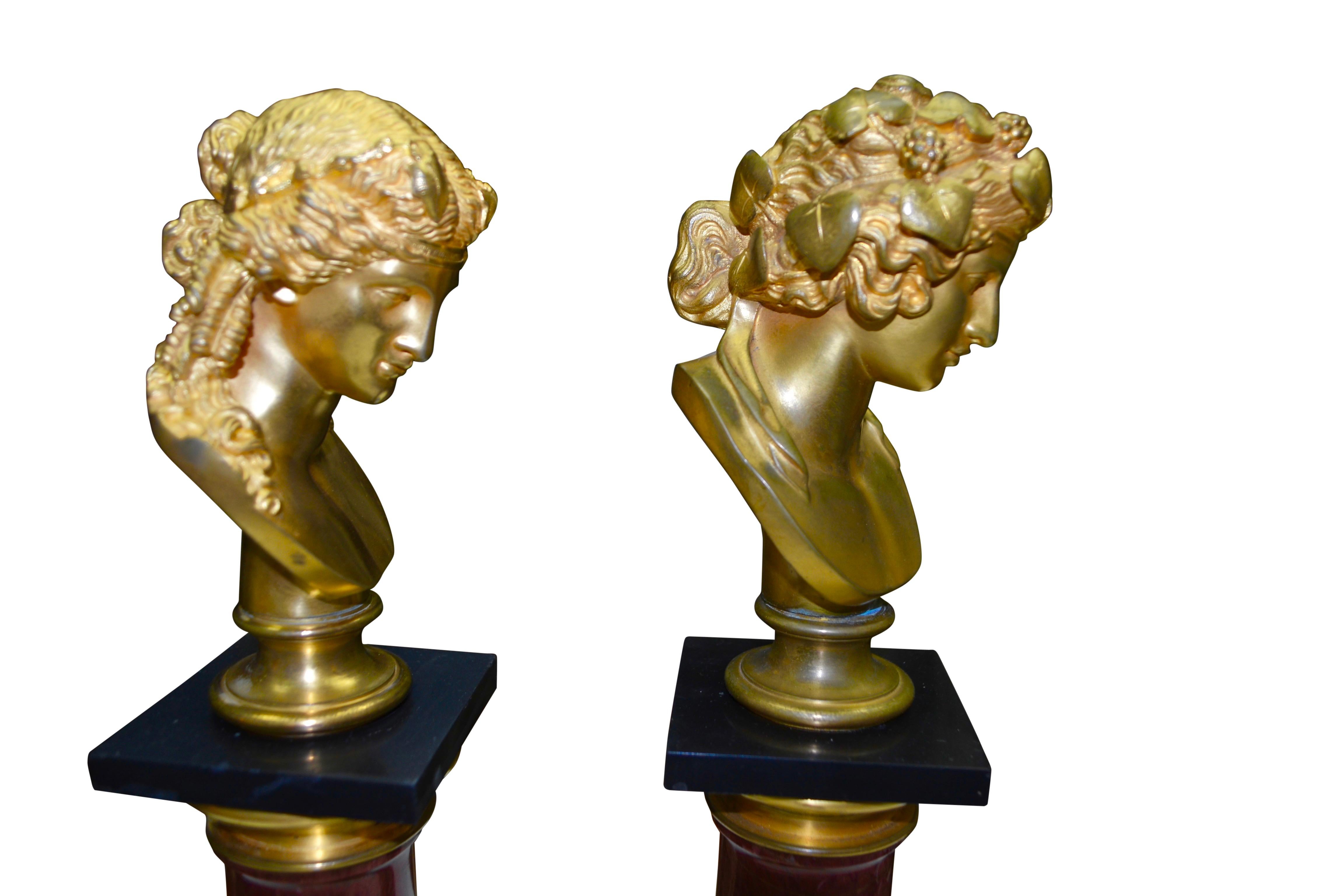 Gilt Gilded Bronze Heads of Bacchus and Ariadne on Marble Columns