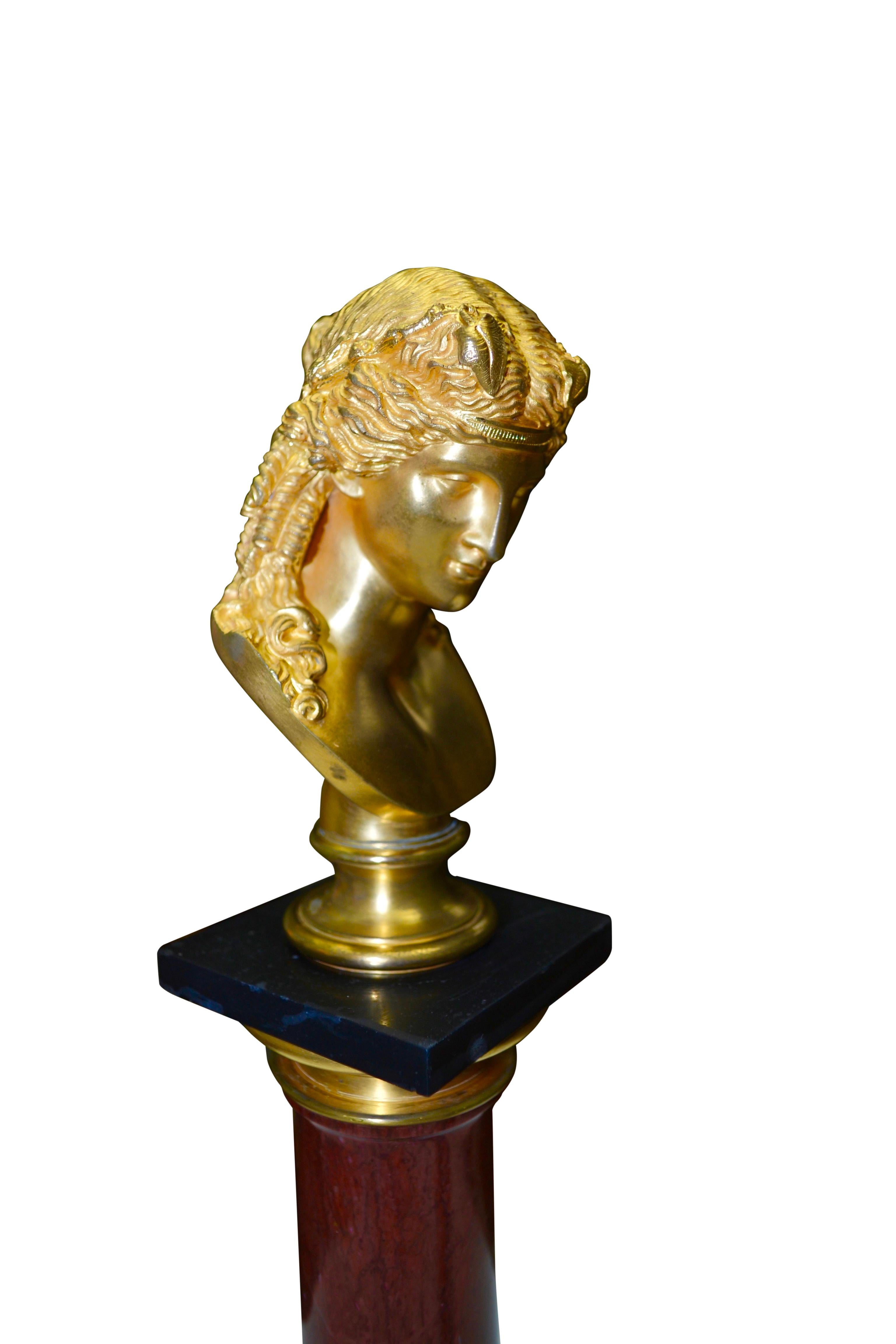 Gilded Bronze Heads of Bacchus and Ariadne on Marble Columns In Good Condition In Vancouver, British Columbia