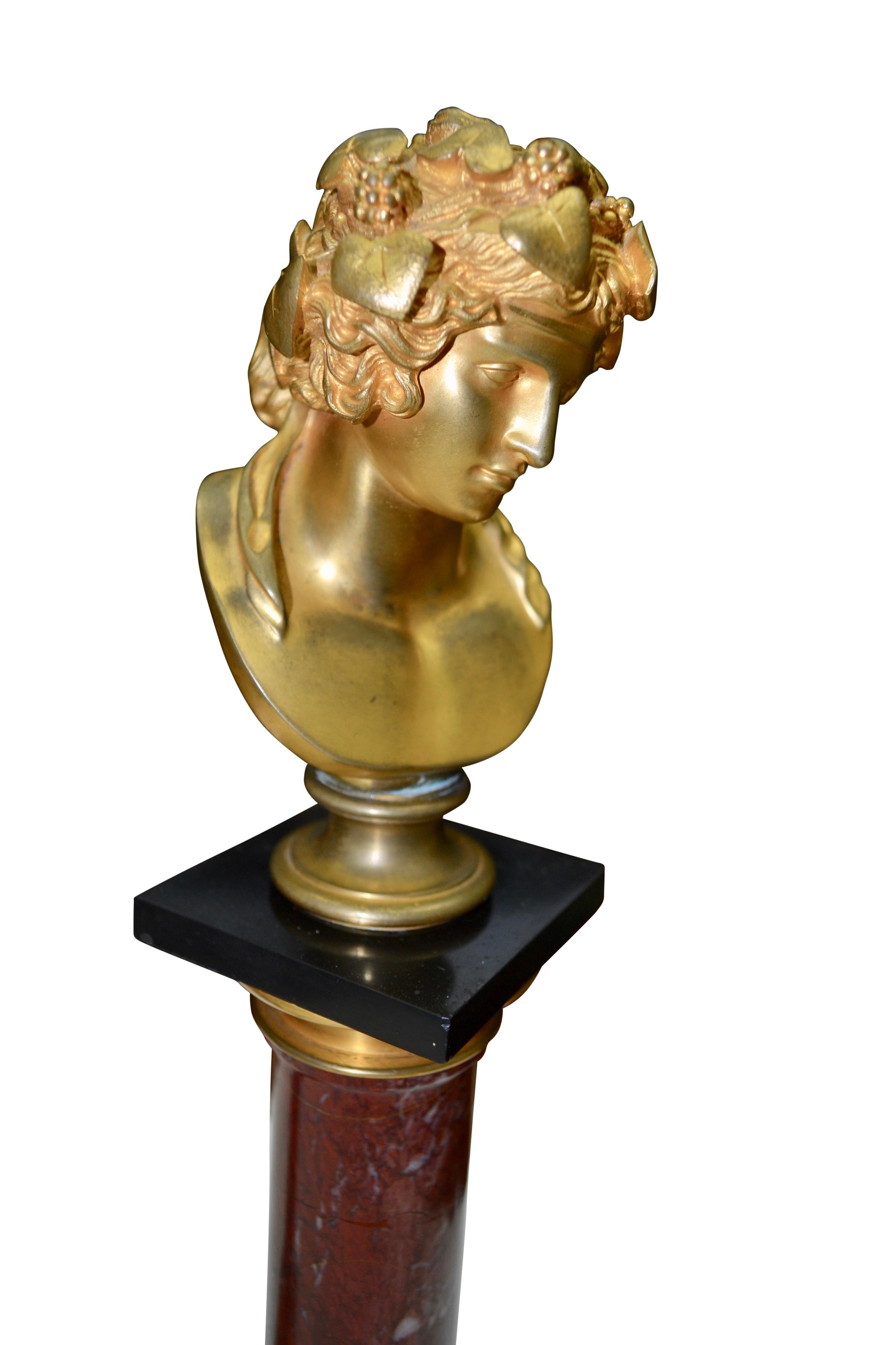 19th Century Gilded Bronze Heads of Bacchus and Ariadne on Marble Columns