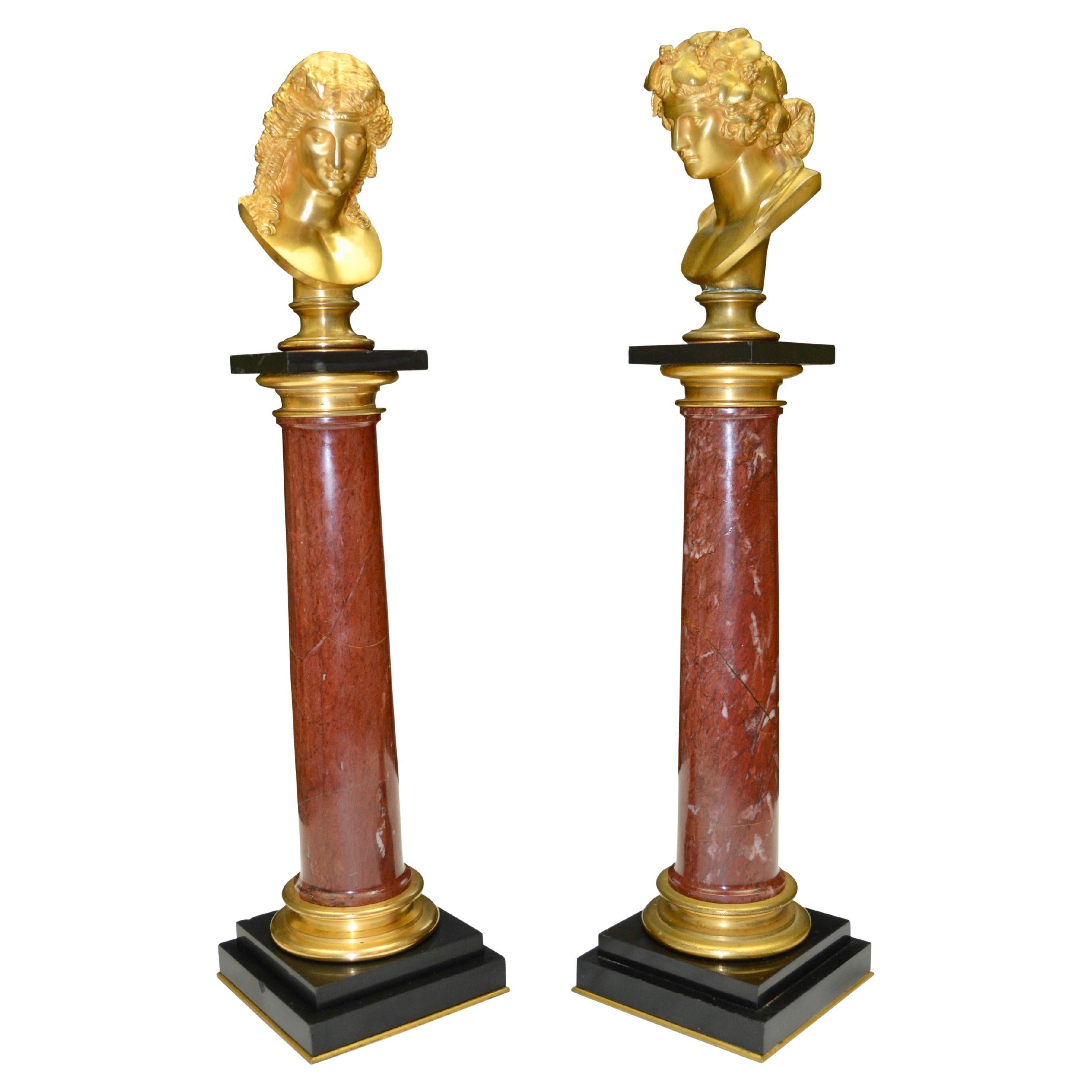 Gilded Bronze Heads of Bacchus and Ariadne on Marble Columns
