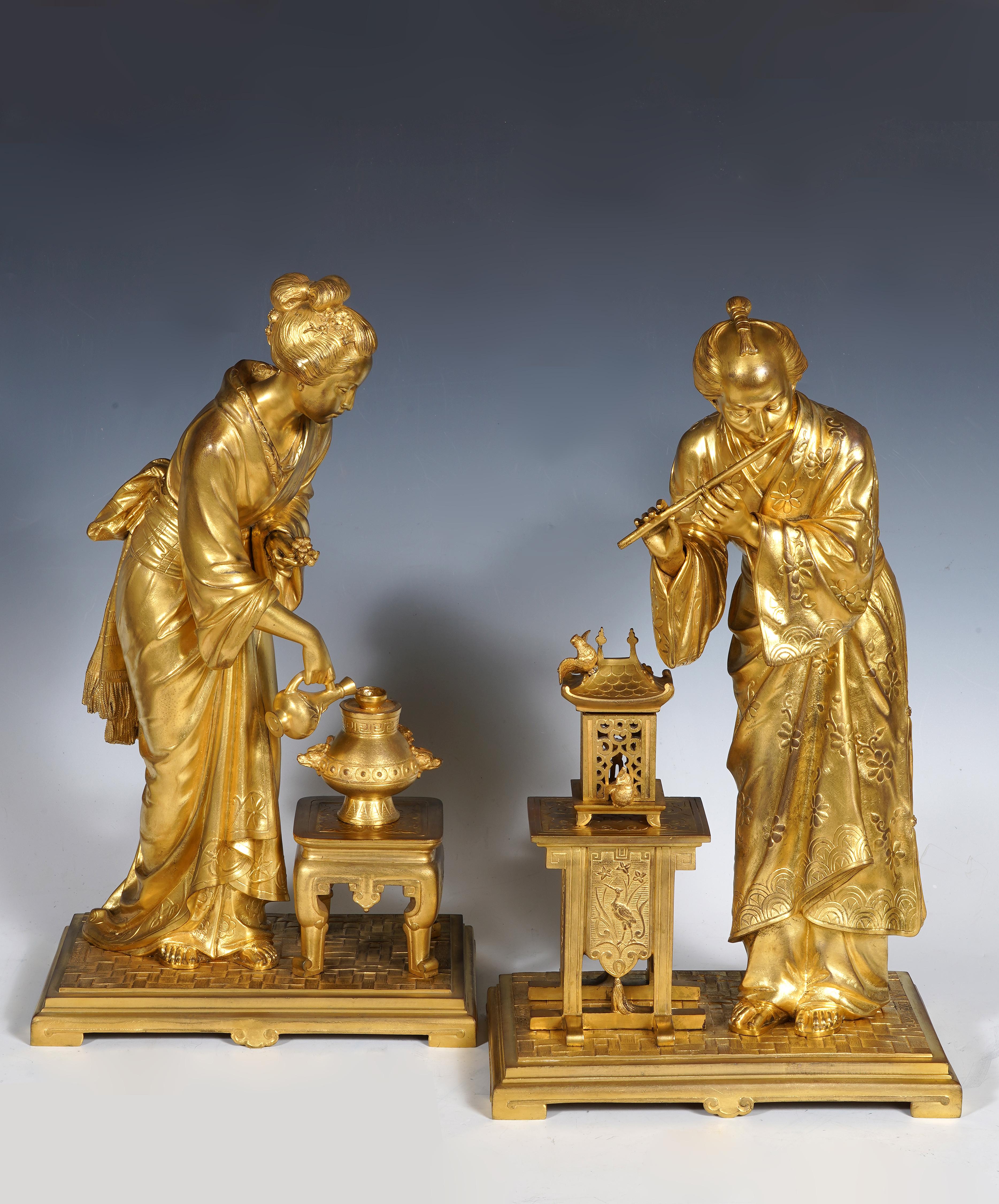 Giapponismo Coppia giapponese in bronzo dorato di E. Laurent & Raingo Frères, Francia, 1880 ca. in vendita