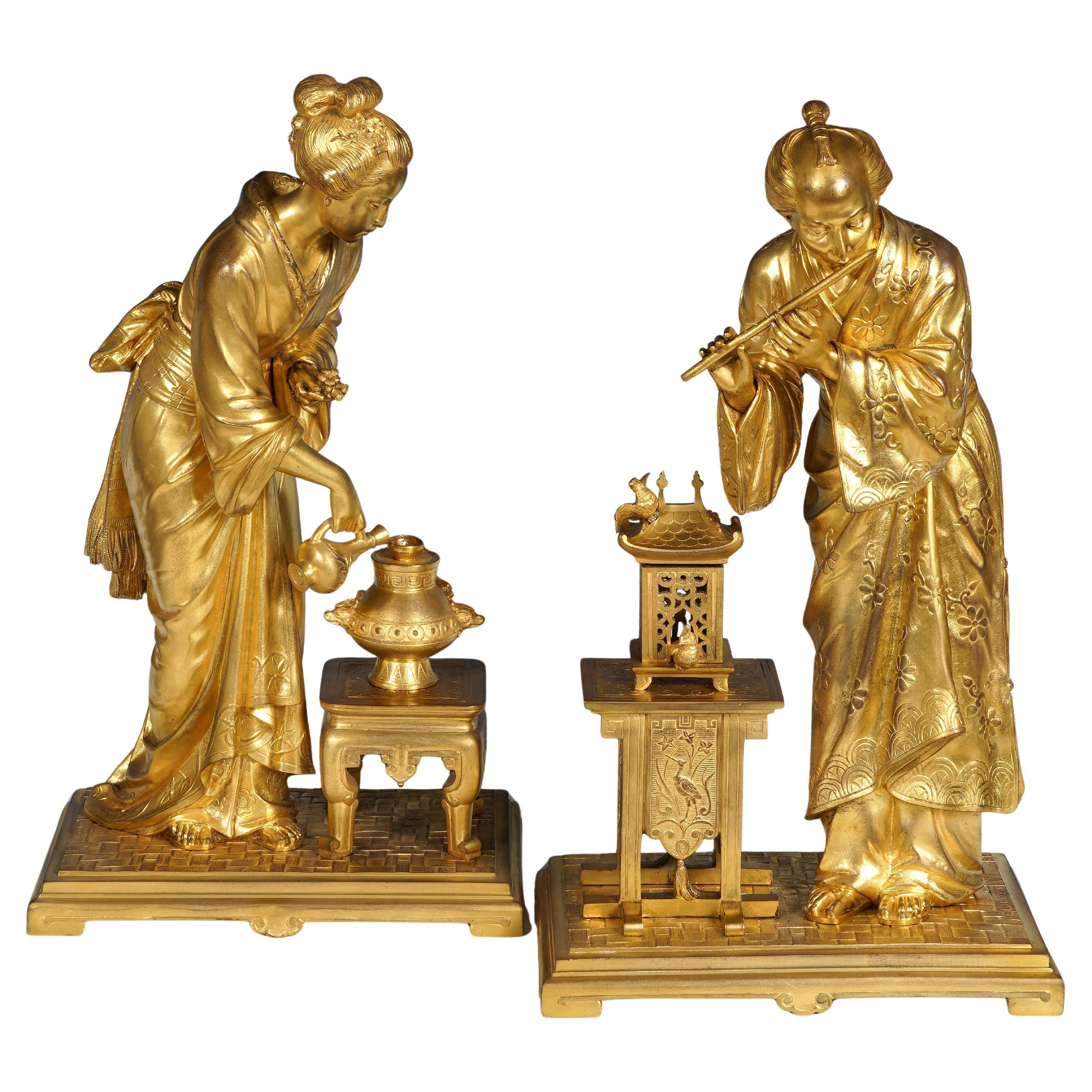 Gilded Bronze Japanese Couple by E. Laurent & Raingo Frères, France, circa 1880