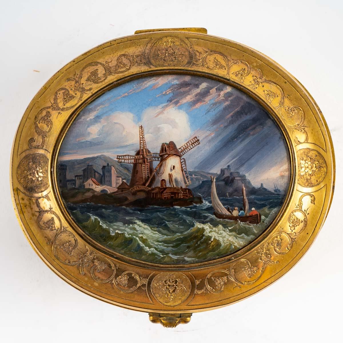 Napoleon III Gilded Bronze Jewelry Box with Painting under Glass, 19th Century For Sale