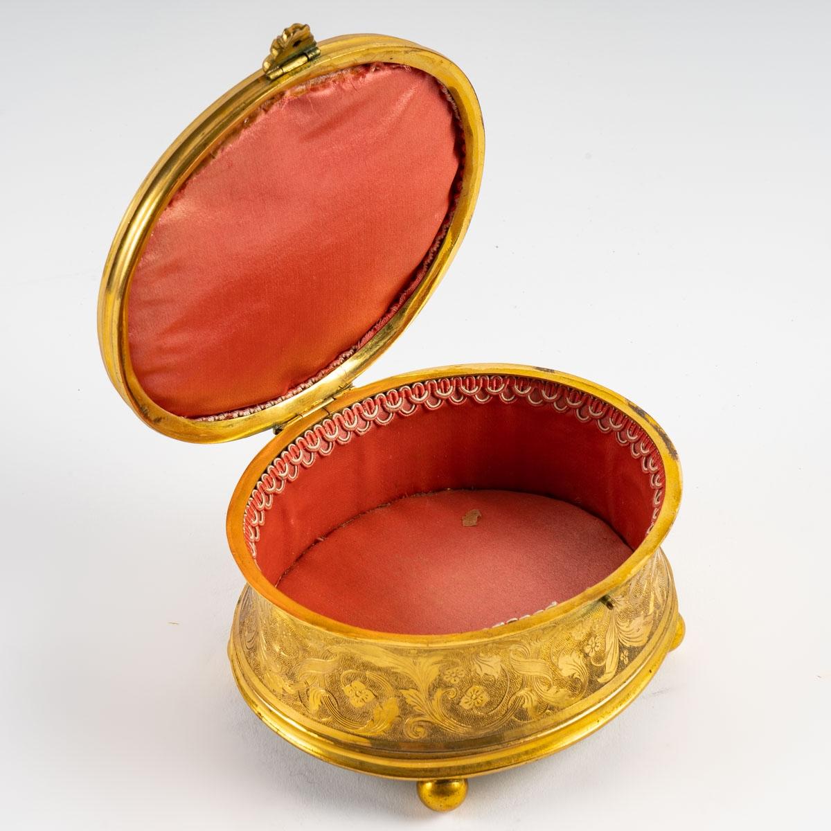 French Gilded Bronze Jewelry Box with Painting under Glass, 19th Century For Sale