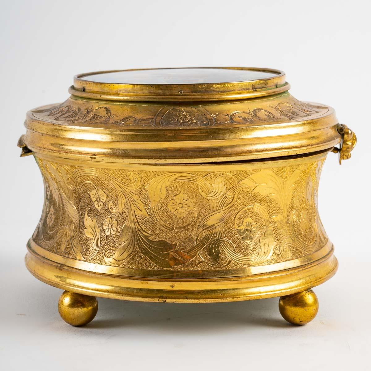 Gilt Gilded Bronze Jewelry Box with Painting under Glass, 19th Century For Sale