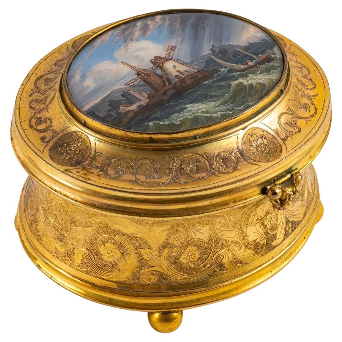 Gilded Bronze Jewelry Box with Painting under Glass, 19th Century For Sale