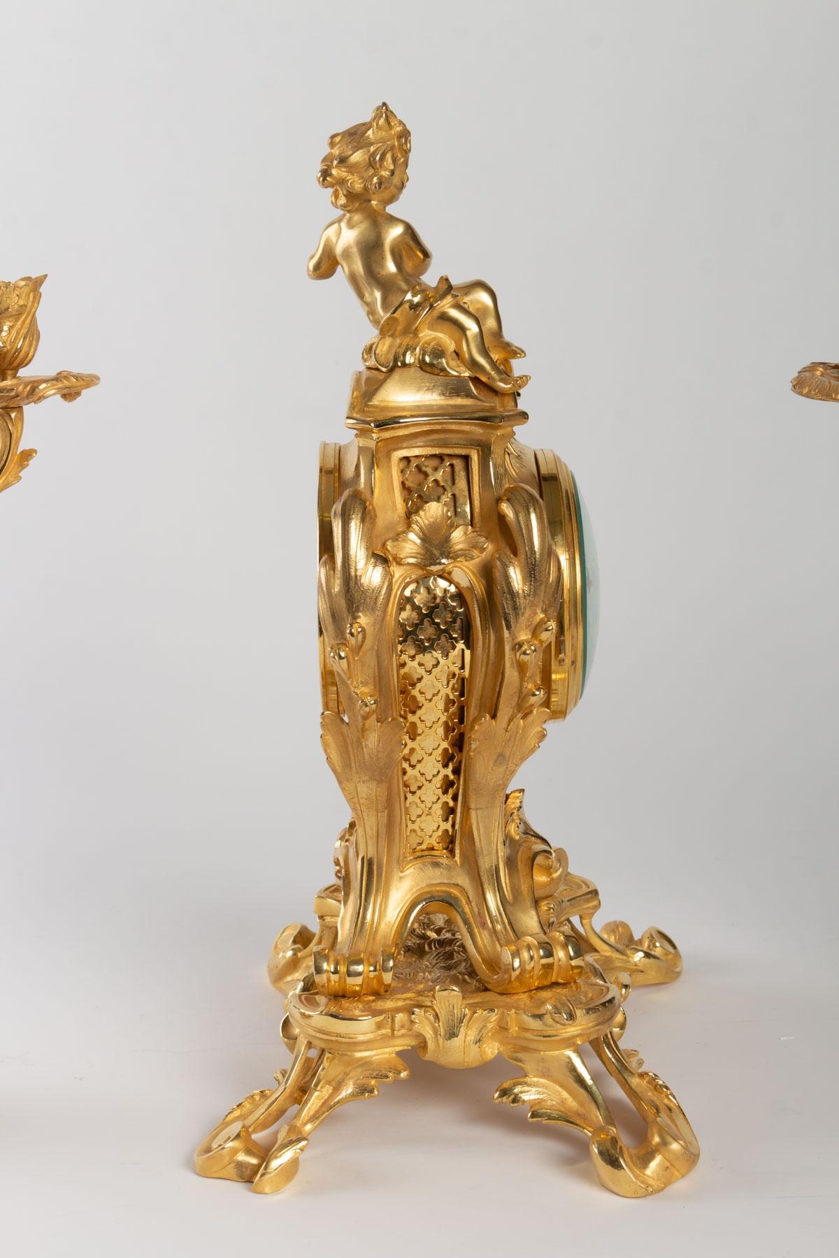 Gilded Bronze Louis XV Style Mantel Set 3