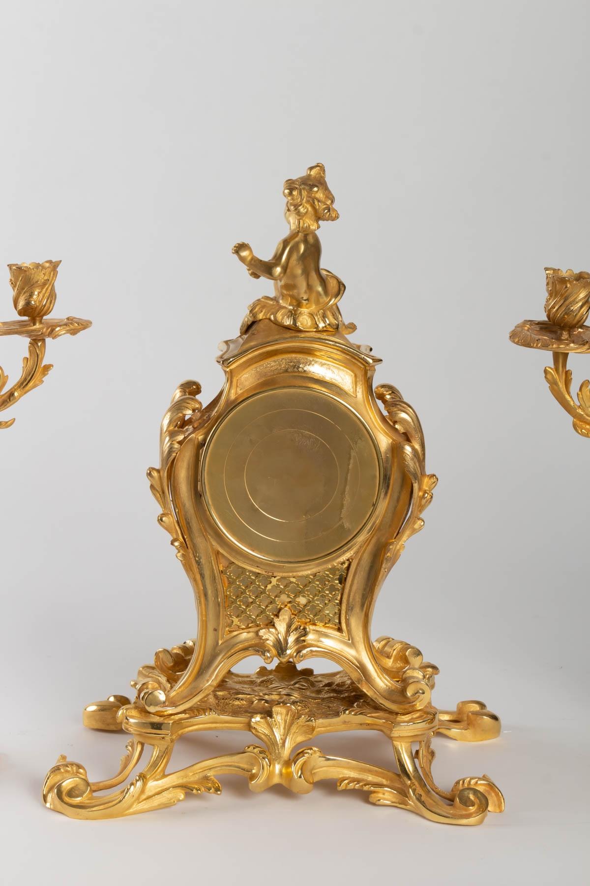 Gilded Bronze Louis XV Style Mantel Set 4