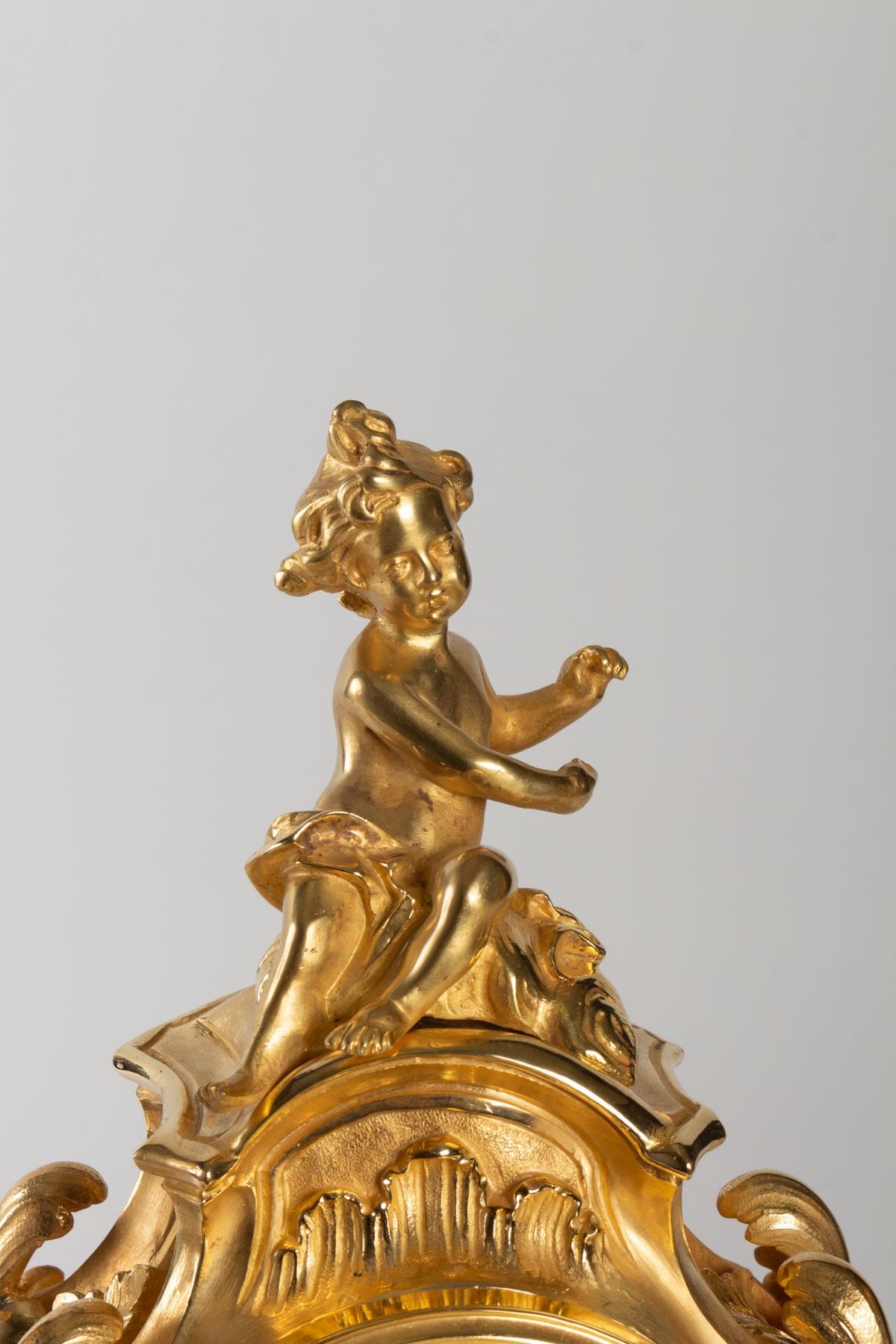 Gilt Gilded Bronze Louis XV Style Mantel Set