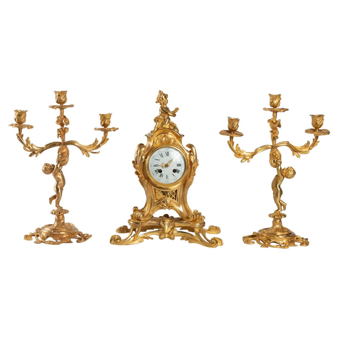 Gilded Bronze Louis XV Style Mantel Set