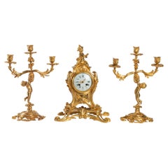 Gilded Bronze Louis XV Style Mantel Set Gilded Bronze Louis XV Style Mantel Set