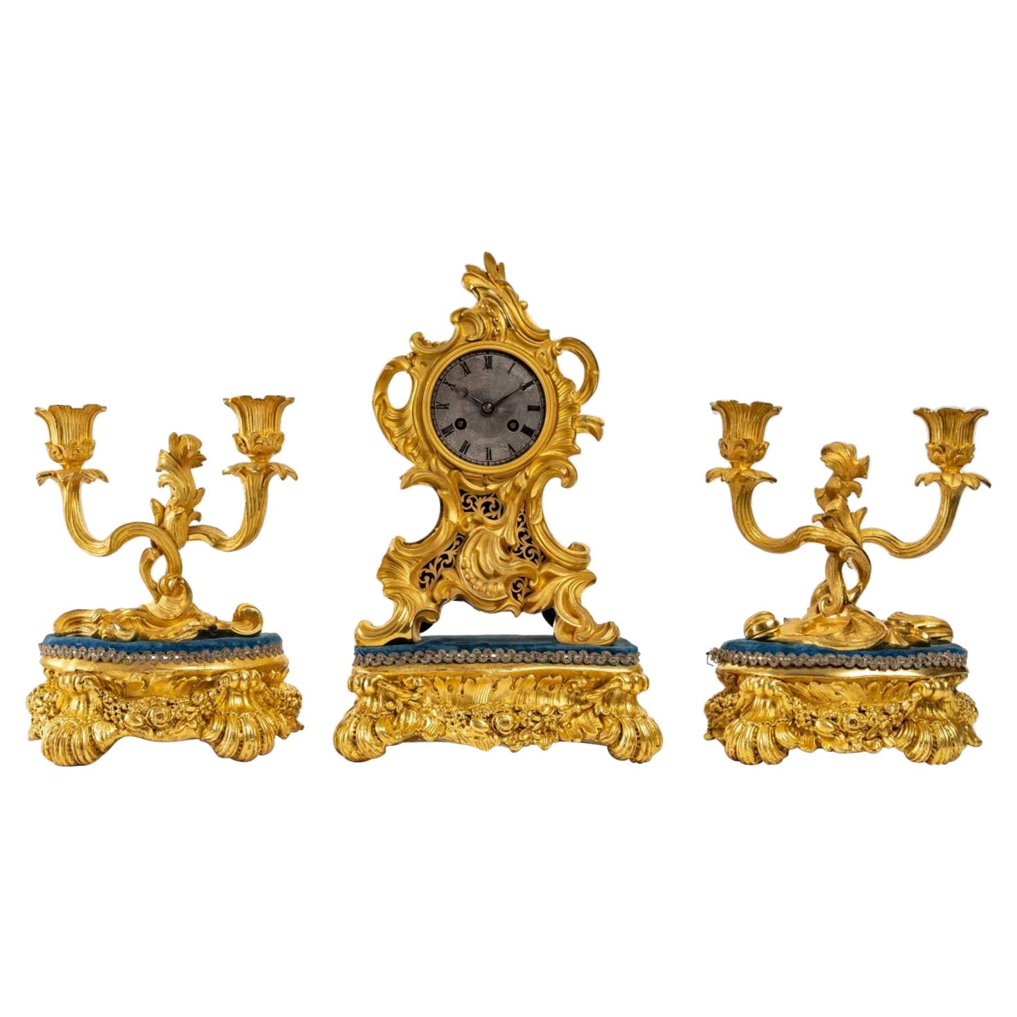 Gilded Bronze Mantel Set, Louis XV Style