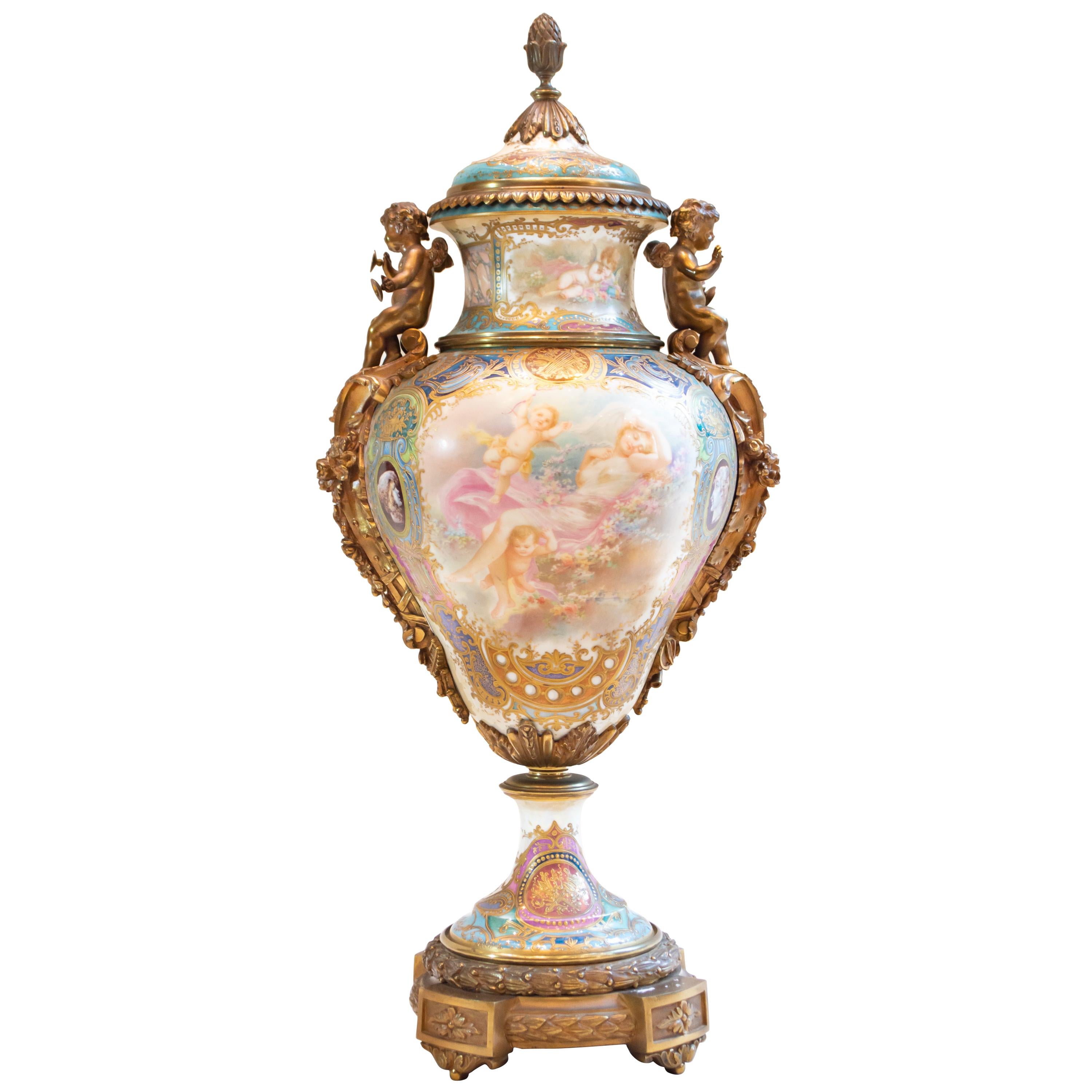Gilded Bronze Mounted Cobalt Blue Sèvres Style Porcelain For Sale
