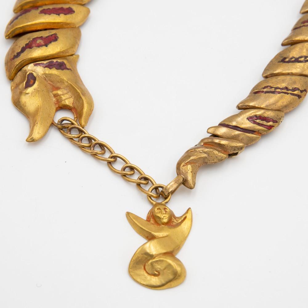 Mid-Century Modern Gilded Bronze Necklace with Enamel Decoration, La Femme du Dragon, Line Vautrin