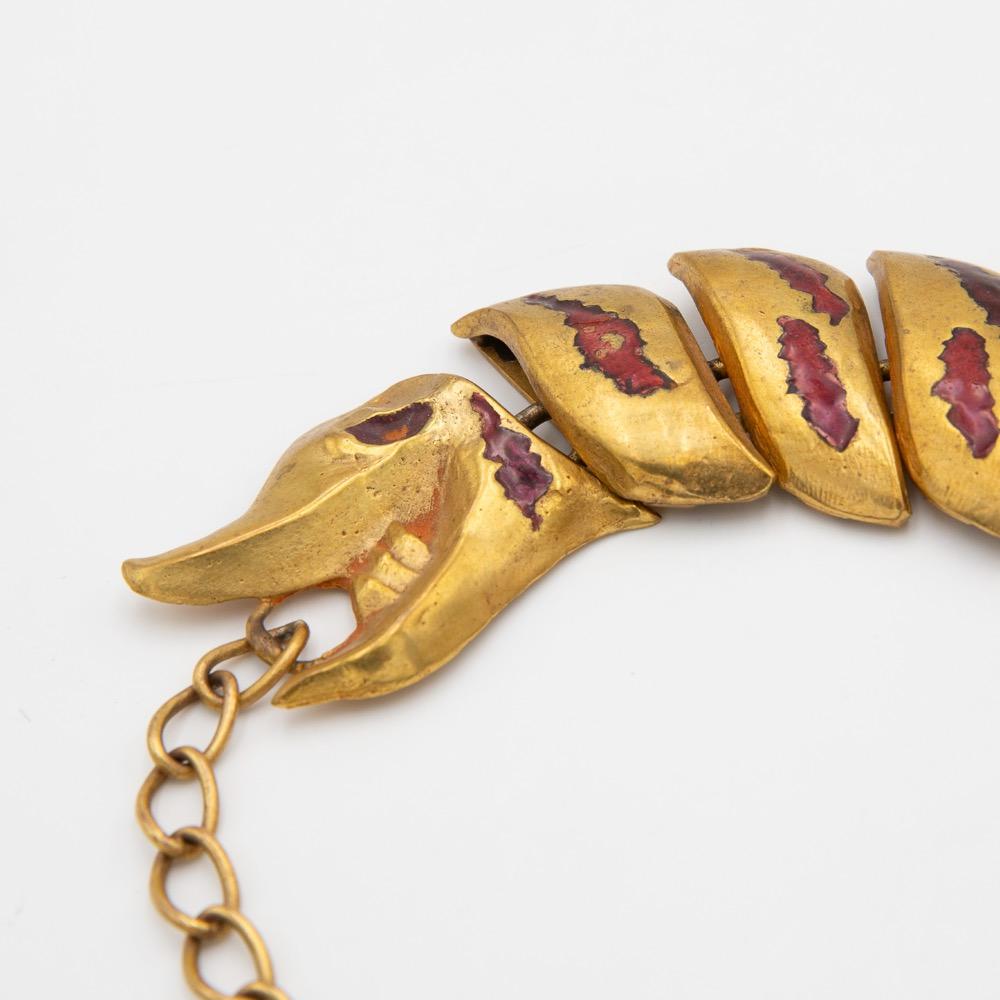 French Gilded Bronze Necklace with Enamel Decoration, La Femme du Dragon, Line Vautrin