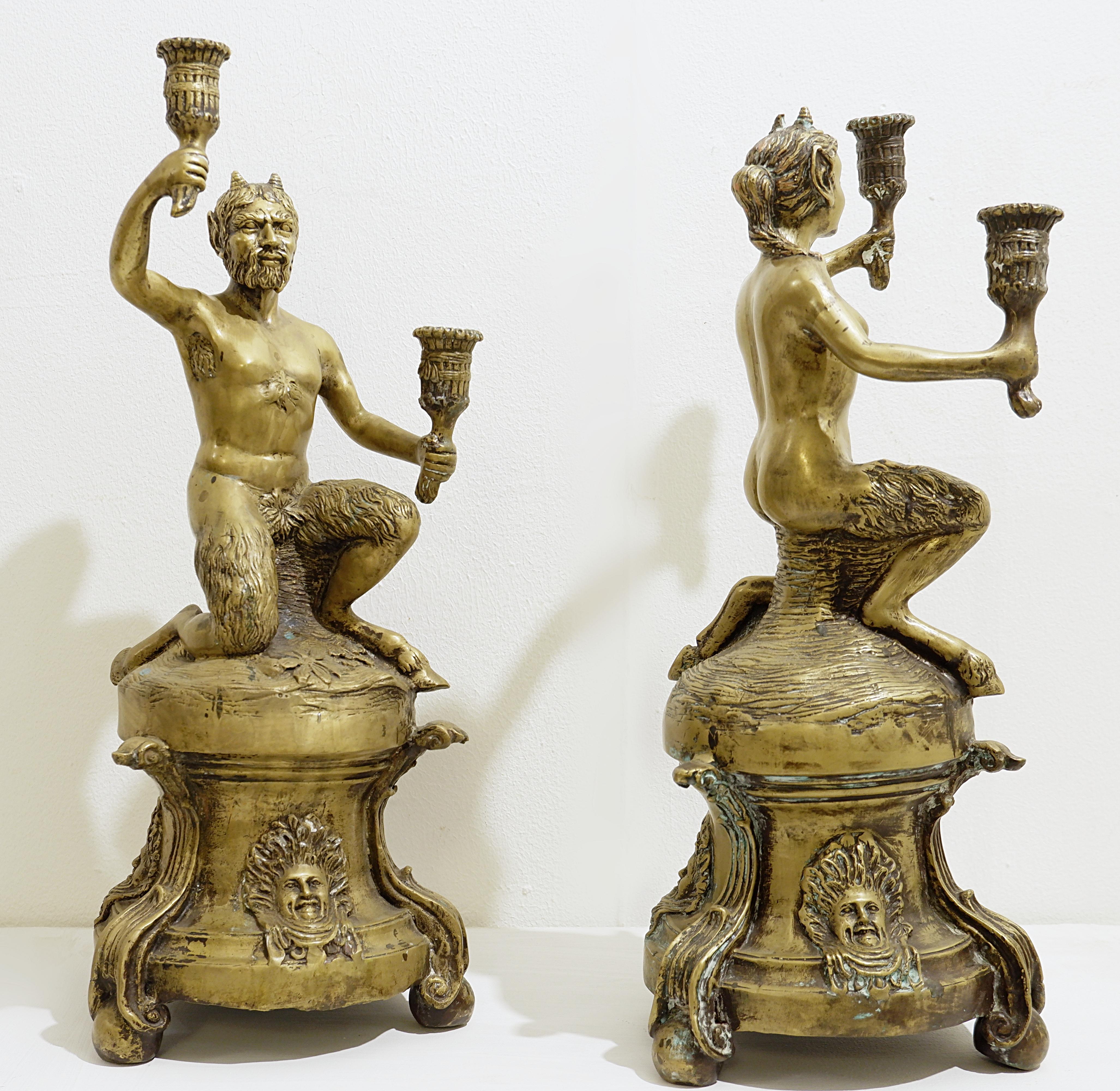 Gilded Bronze Satyr Couple Candle Holders For Sale 5