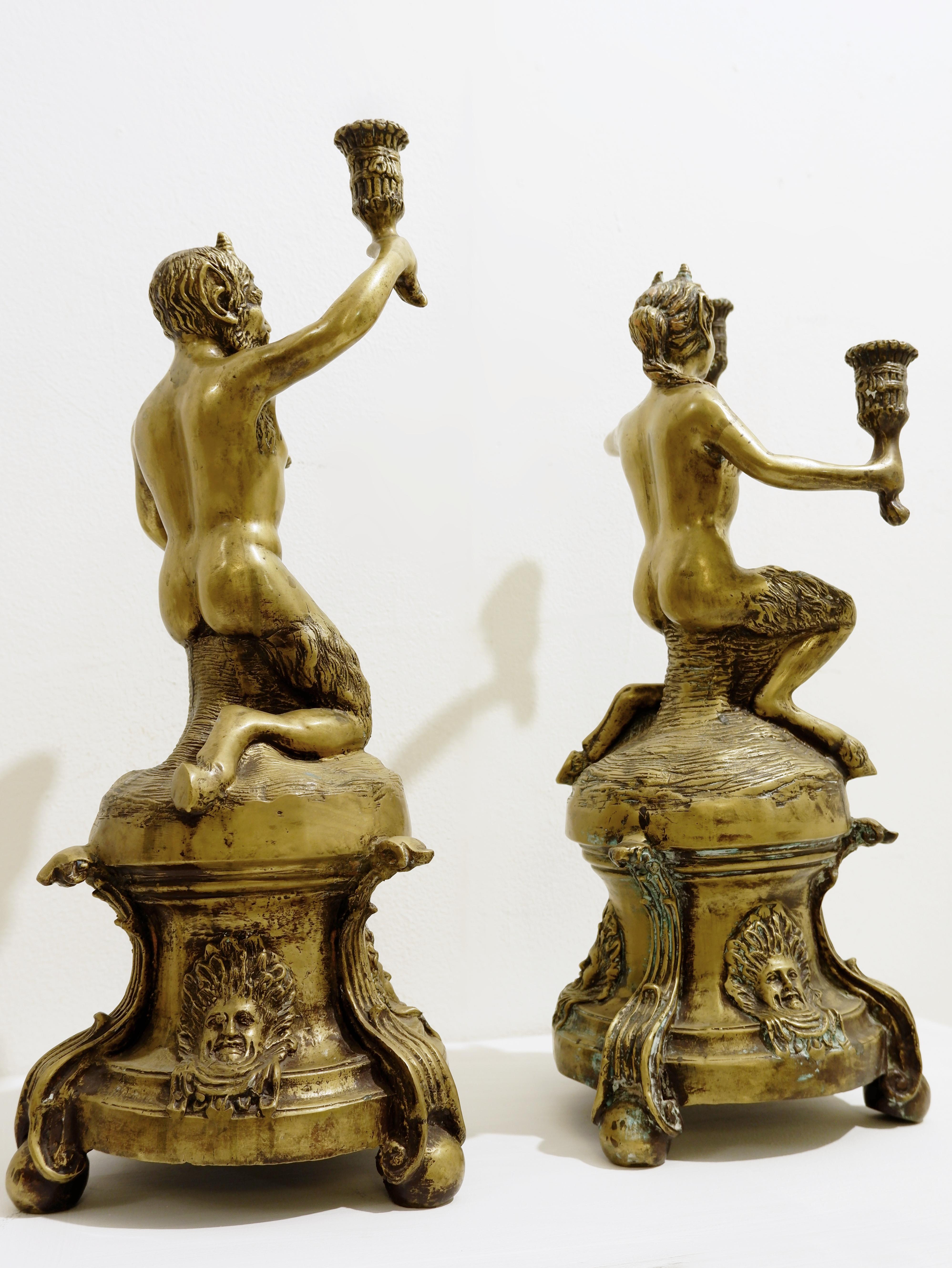 Gilded Bronze Satyr Couple Candle Holders For Sale 8