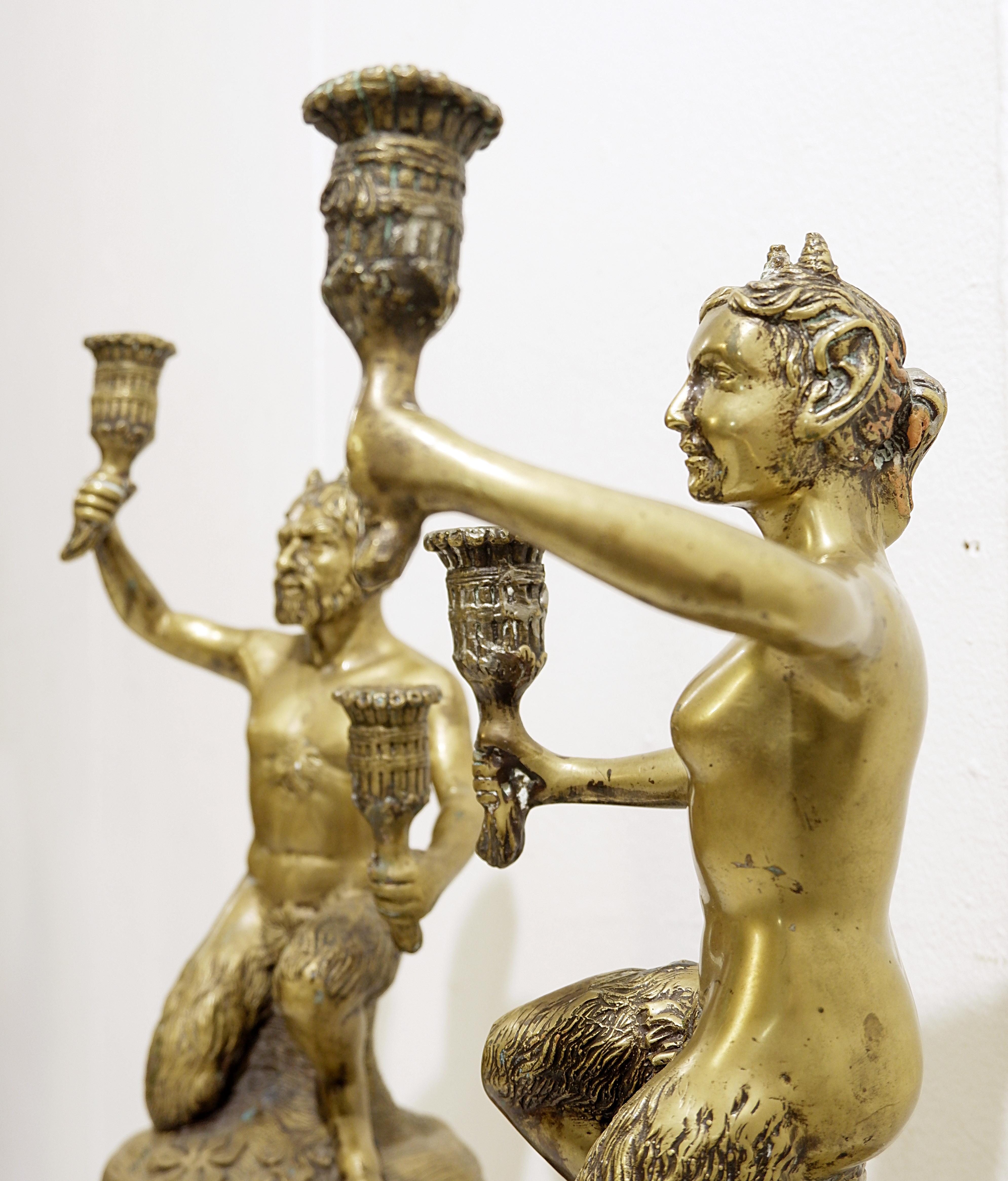 Gilded Bronze Satyr Couple Candle Holders For Sale 4