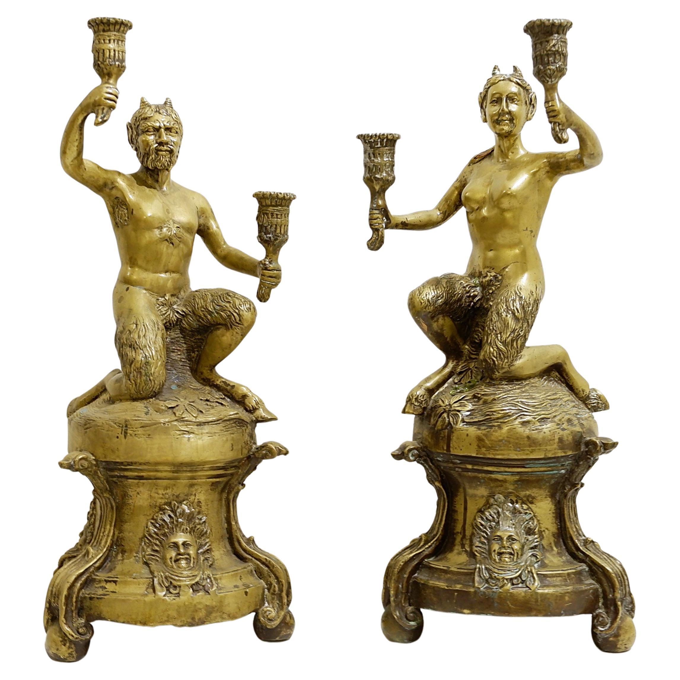 Gilded Bronze Satyr Couple Candle Holders For Sale