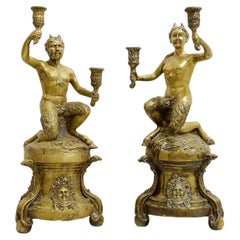 Used Gilded Bronze Satyr Couple Candle Holders