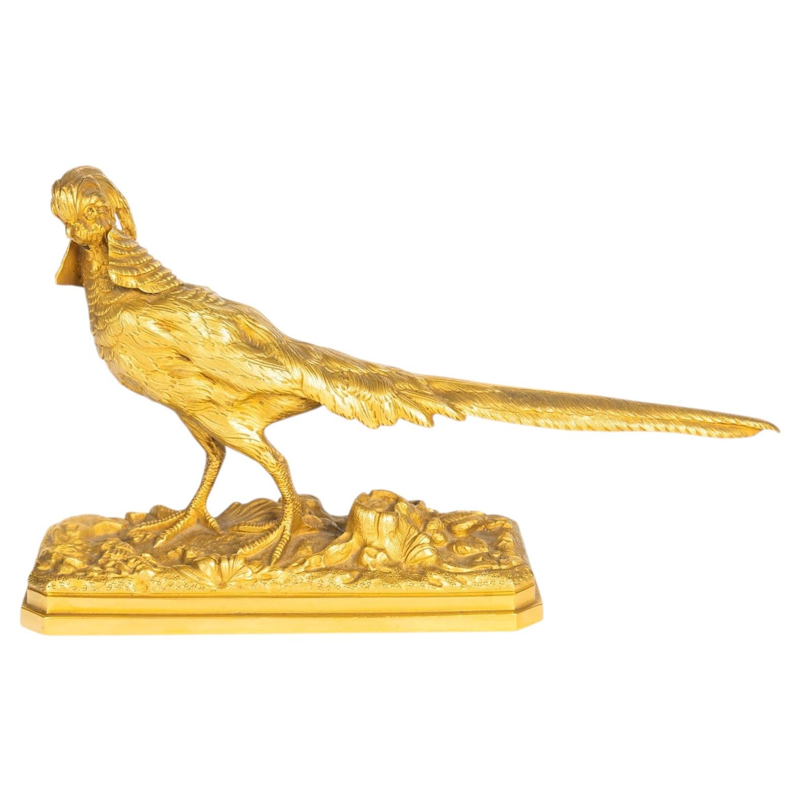 Gilded Bronze Sculpture Of A Pheasant, Early 20th Century, Signed Trodoux.