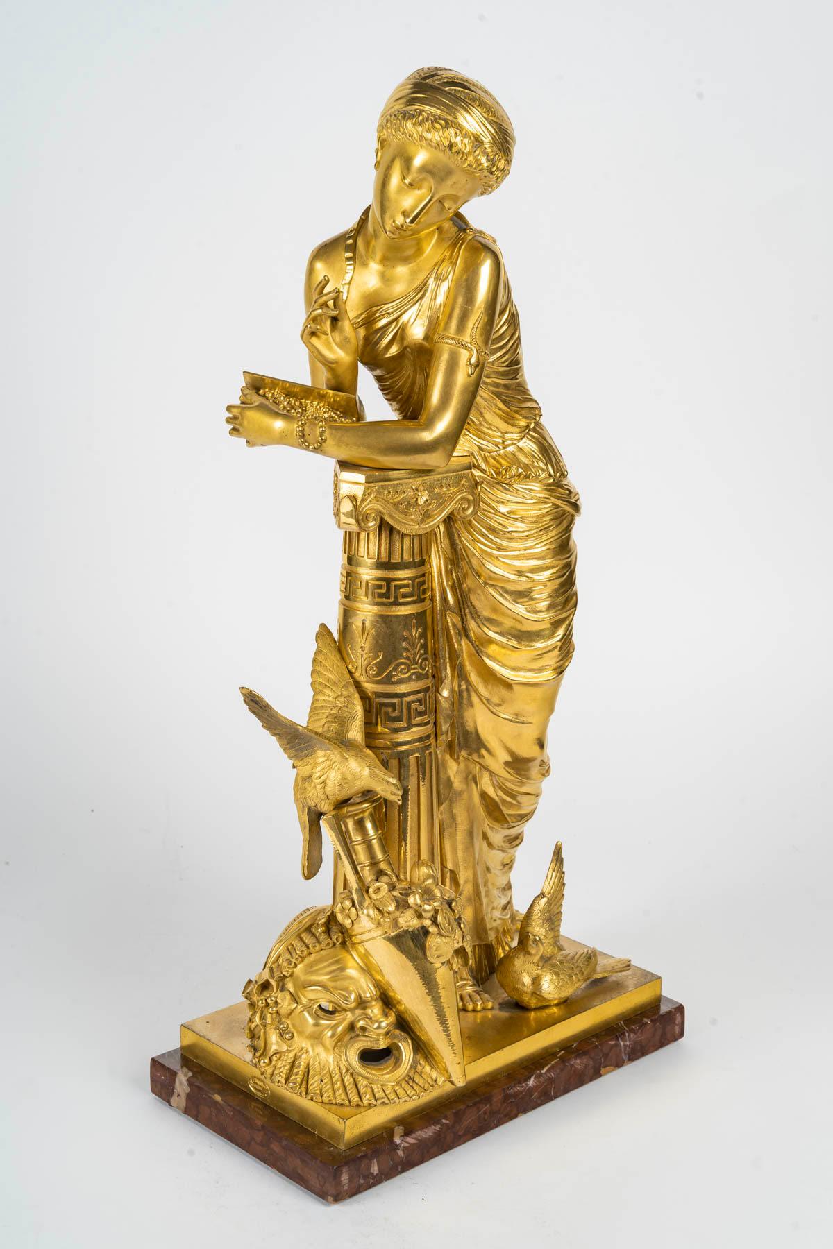 Sculpture de Pandora en bronze doré, époque Napoléon III, XIXe siècle.

Sculpture de Pandora en bronze doré d'époque Napoléon III, du XIXe siècle, sur un socle en marbre rouge.
H : 54cm, L : 27cm, P : 15cm