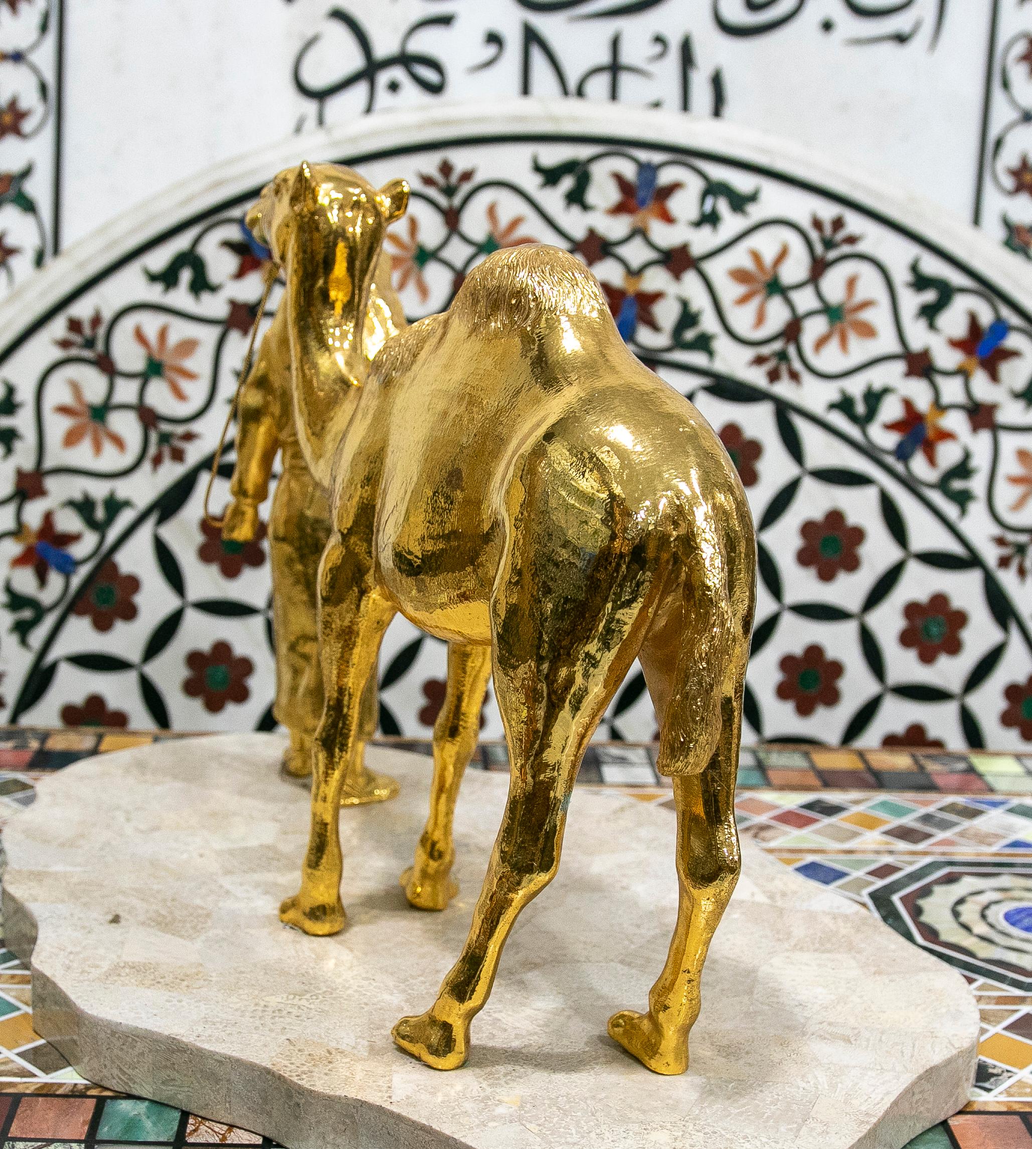 Gilded Bronze Sculpture with Marble Base of an Arabic Man with a Horse For Sale 7