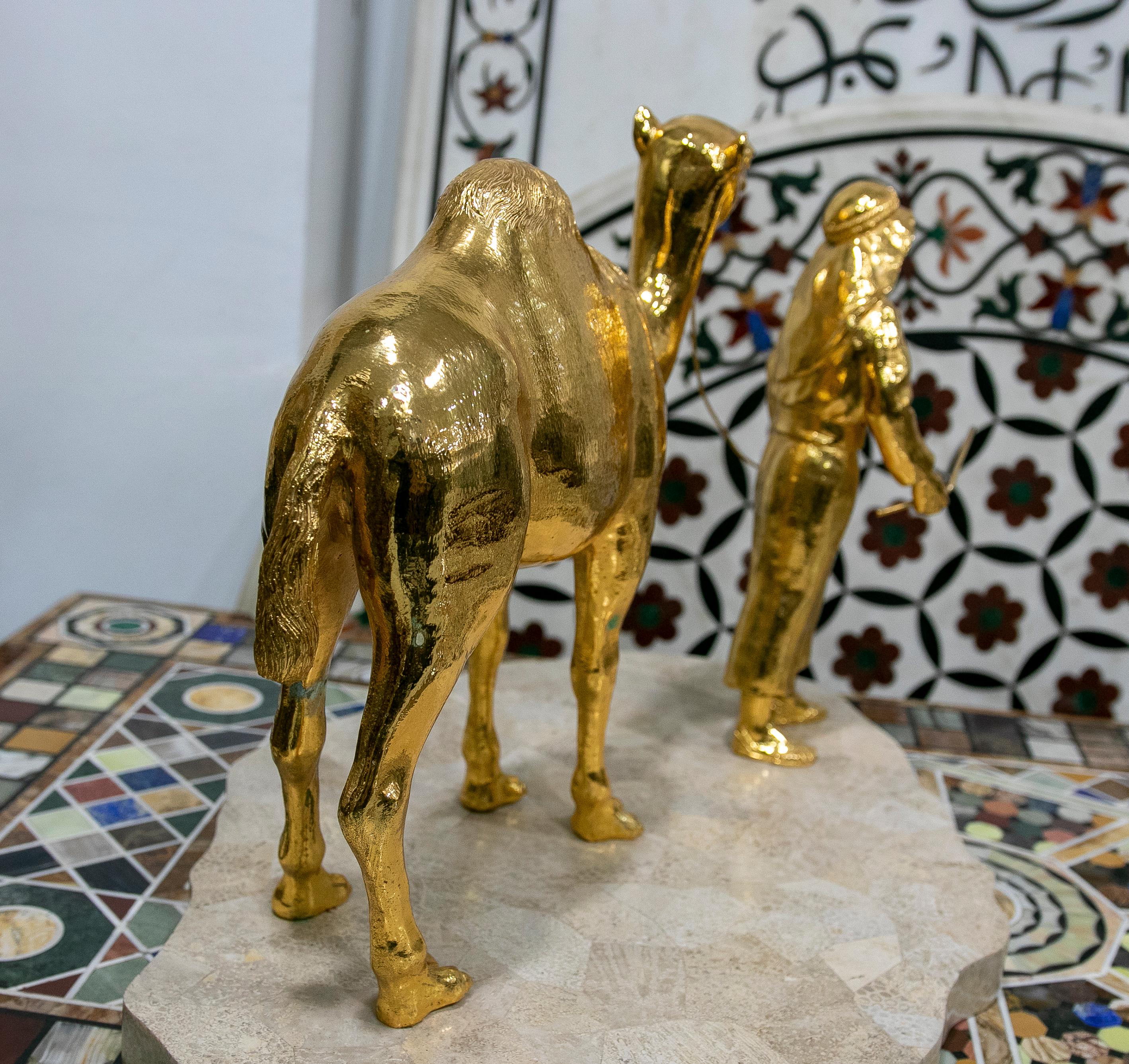 Gilded Bronze Sculpture with Marble Base of an Arabic Man with a Horse For Sale 8