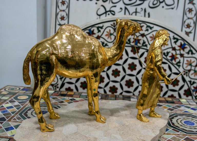 Gilded Bronze Sculpture with Marble Base of an Arabic Man with a Horse For Sale at 1stDibs