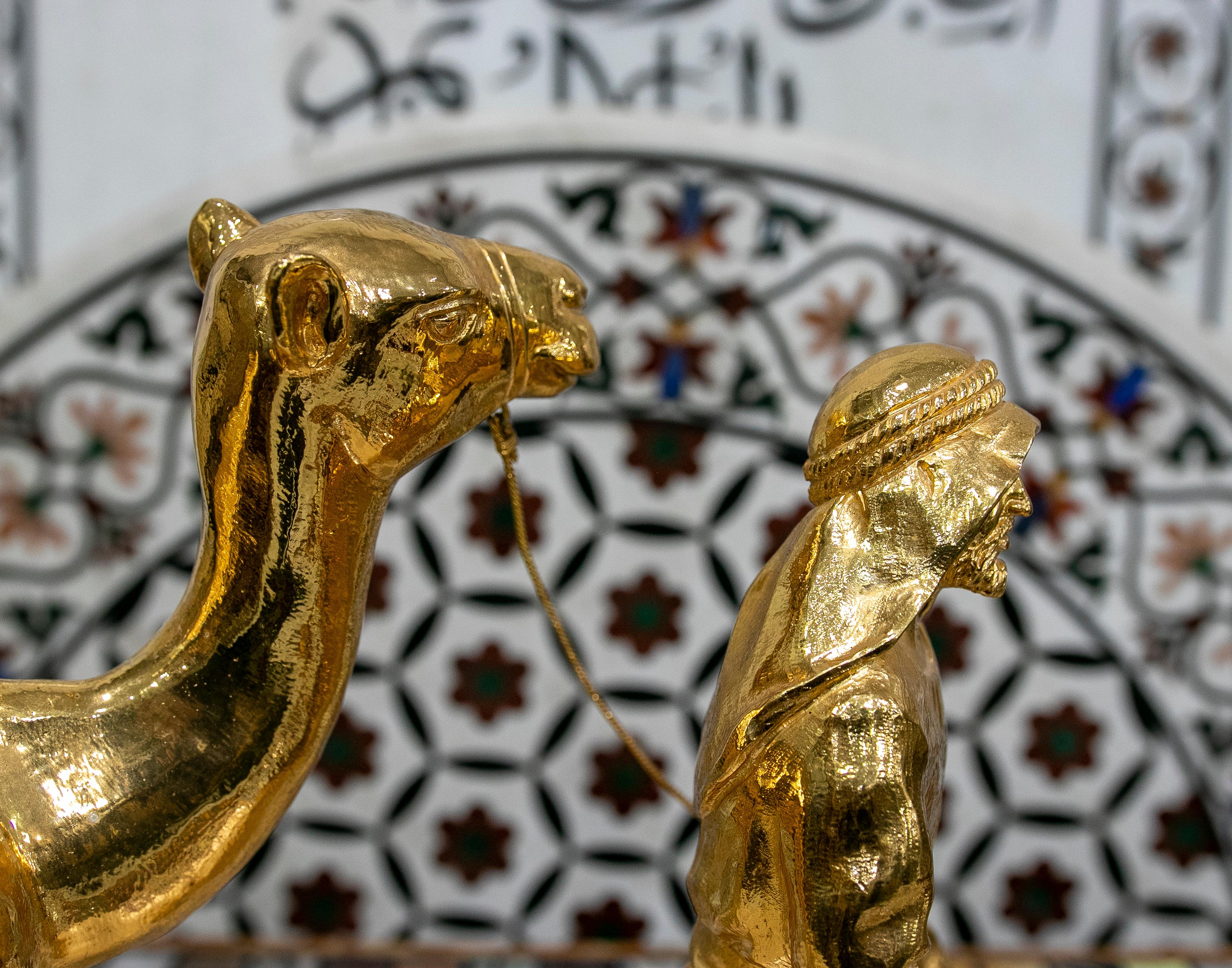 Gilded Bronze Sculpture with Marble Base of an Arabic Man with a Horse For Sale 11