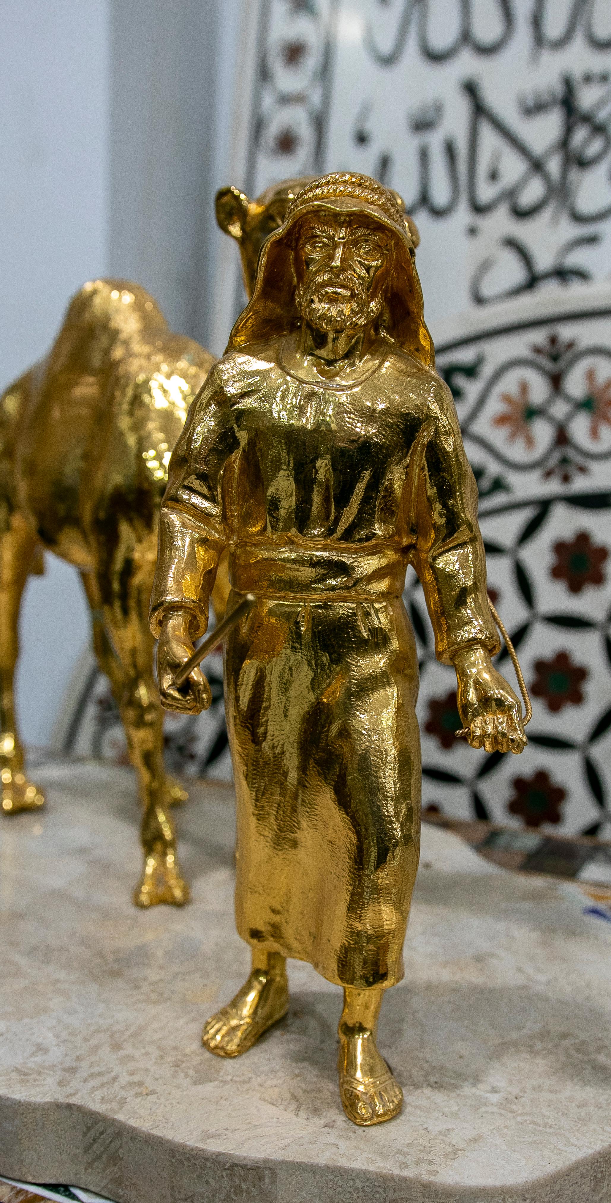 Gilded Bronze Sculpture with Marble Base of an Arabic Man with a Horse For Sale 12