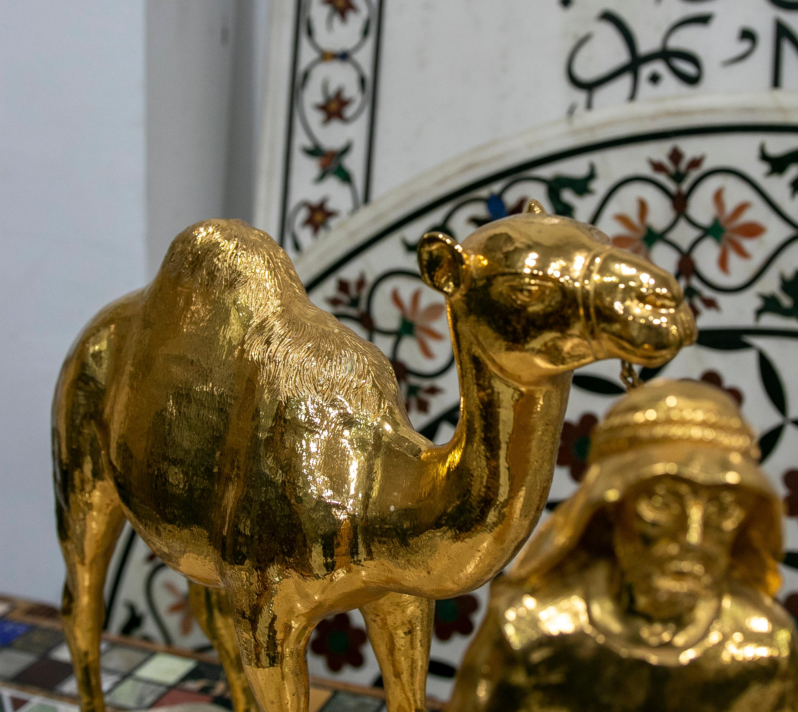 Gilded Bronze Sculpture with Marble Base of an Arabic Man with a Horse For Sale 13