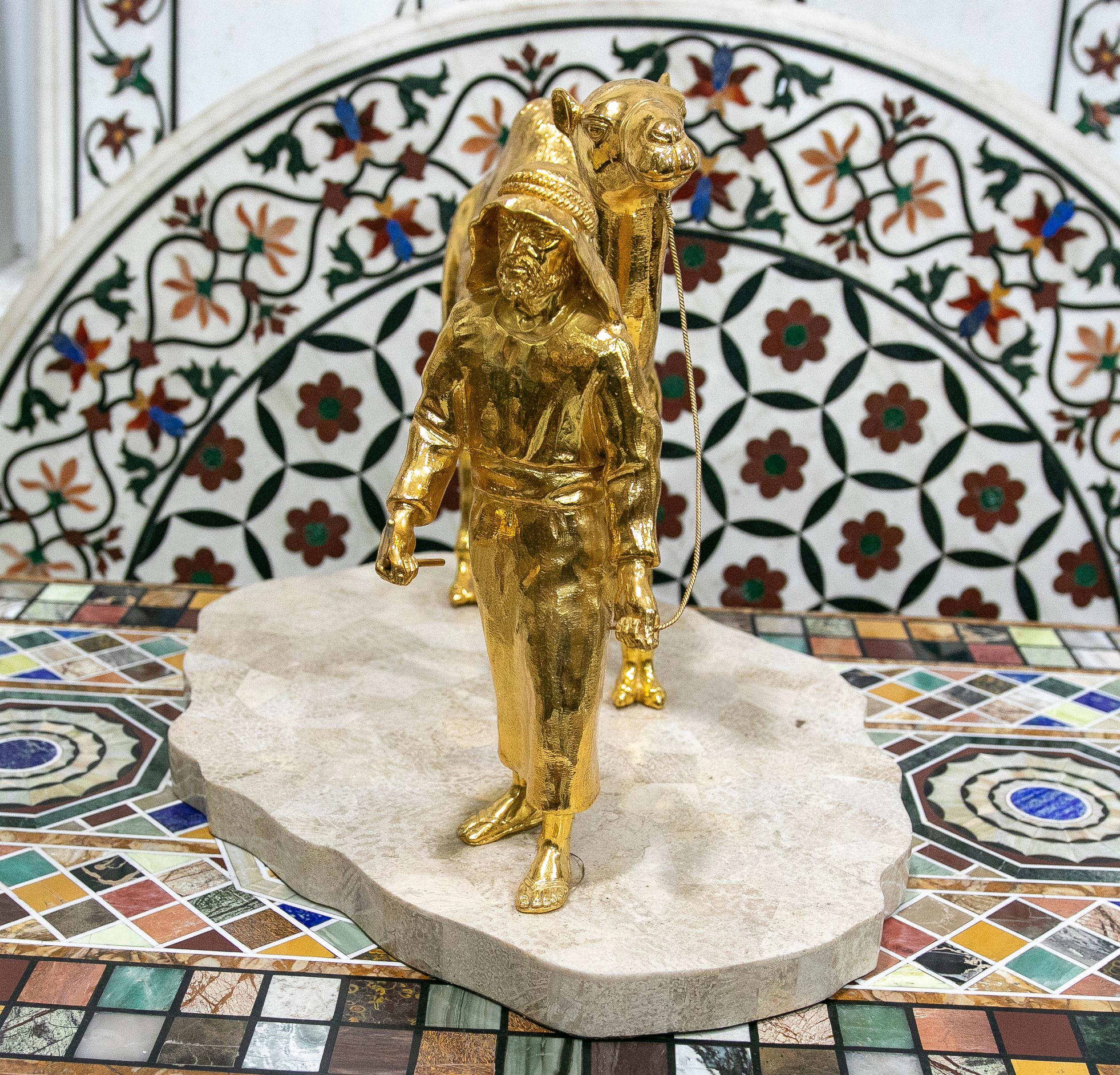 Spanish Gilded Bronze Sculpture with Marble Base of an Arabic Man with a Horse For Sale