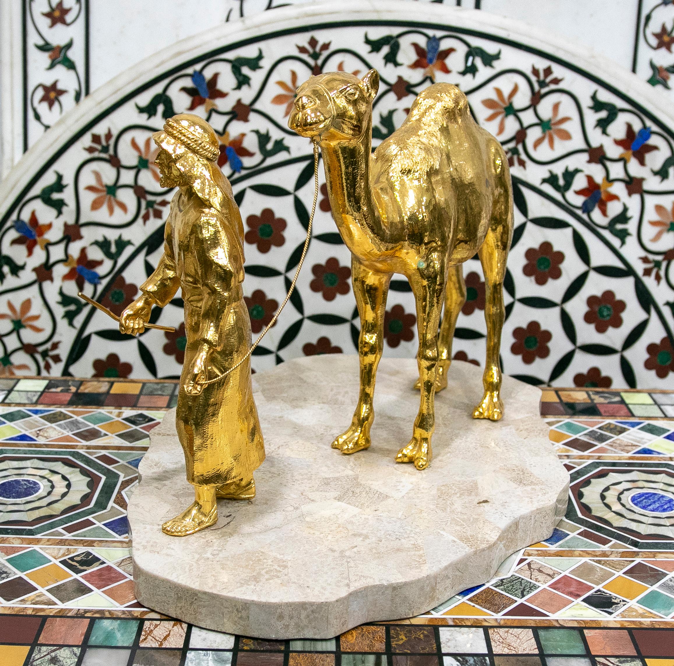Gilded Bronze Sculpture with Marble Base of an Arabic Man with a Horse In Good Condition For Sale In Marbella, ES