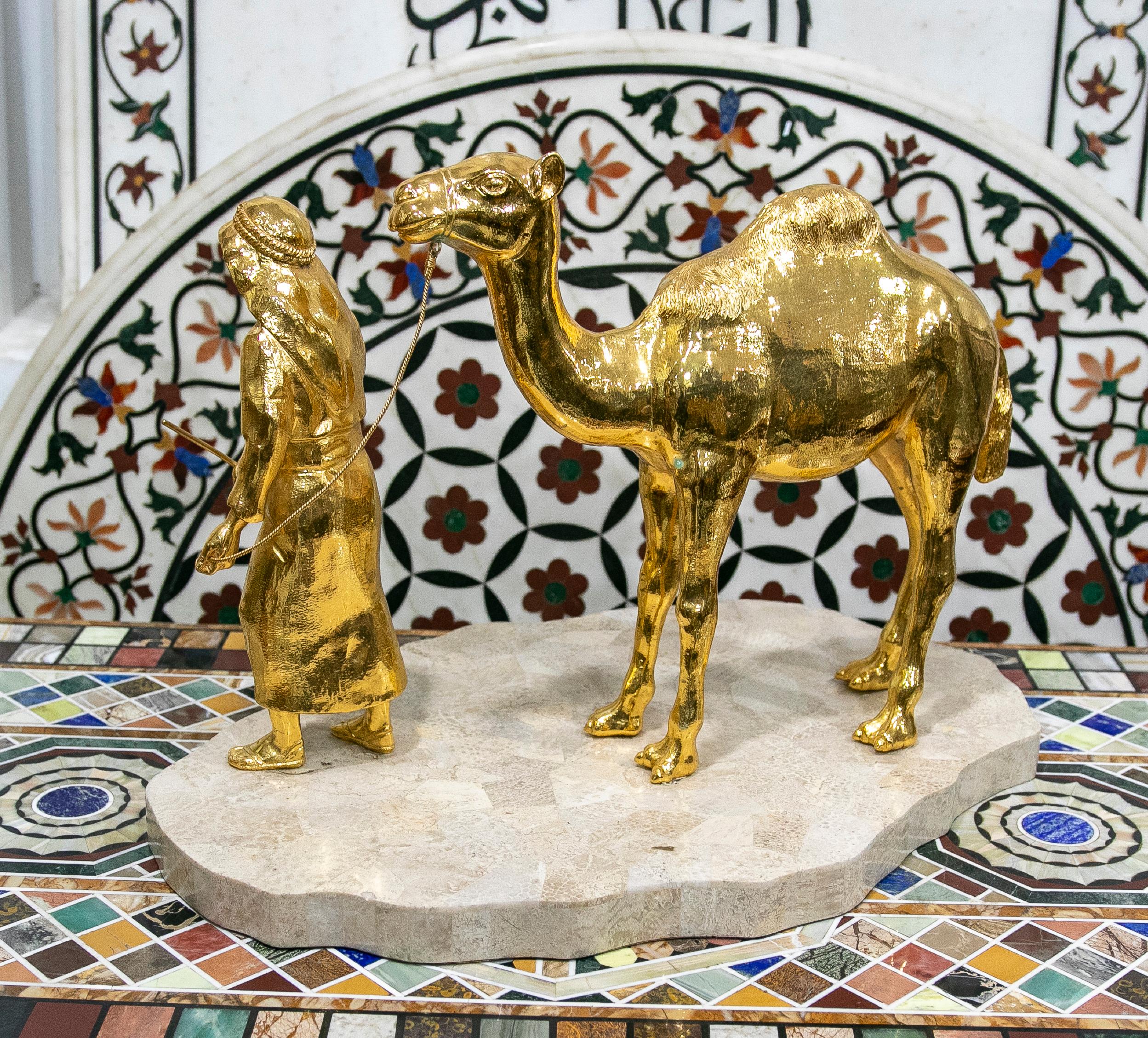 20th Century Gilded Bronze Sculpture with Marble Base of an Arabic Man with a Horse For Sale